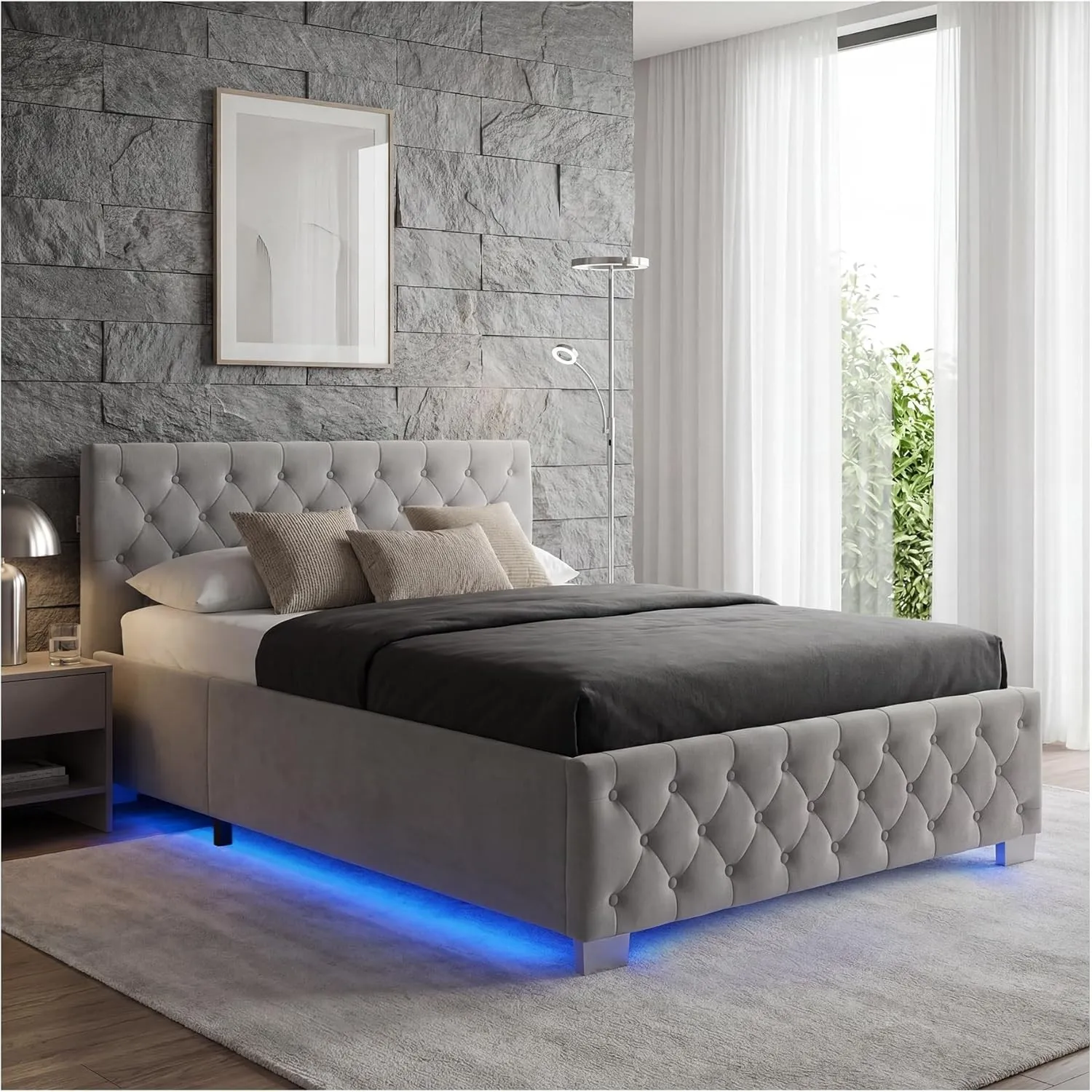 tectake® Polsterbett, 120x200cm, mit LED-Beleuchtung, 200kg Belastbarkeit, Stauraum, Gasdruckfeder, Chesterfield Samtbe…