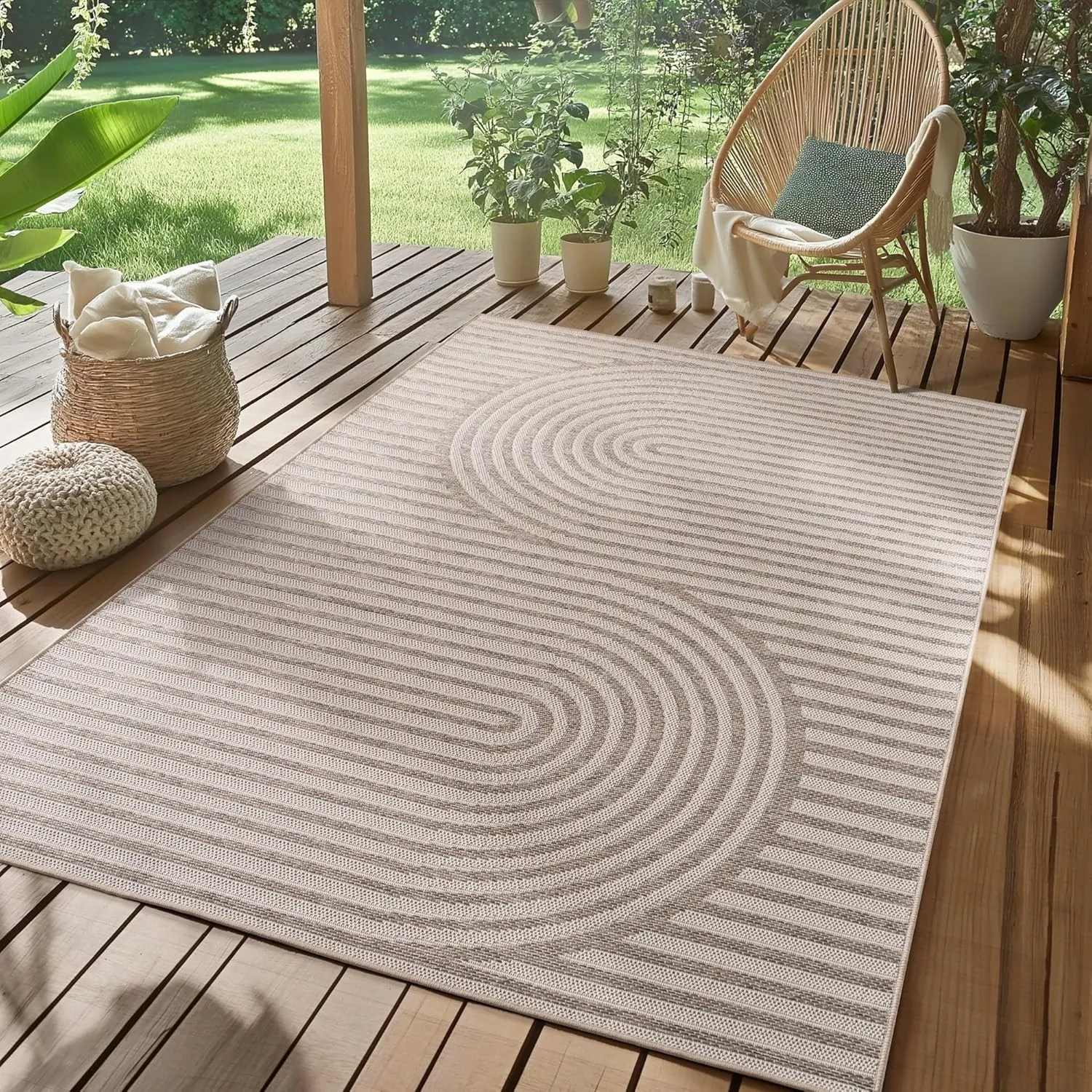 SIMPEX Outdoor Teppich Beige 160x230 cm Wetterfest UV-beständig Pflegeleicht Skandinavisches Boho Design für Küche Balk…