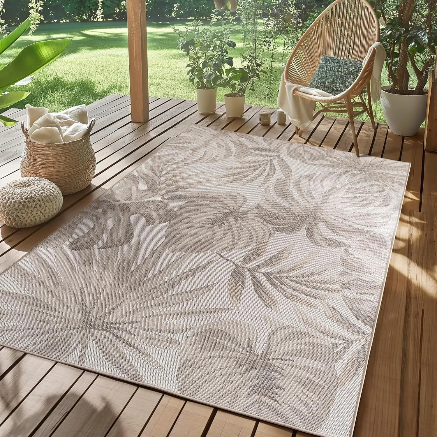 SIMPEX Outdoor Teppich Beige 280x370 cm Wetterfest UV-beständig Pflegeleicht Palmblätter Design für Küche Balkon Terras…