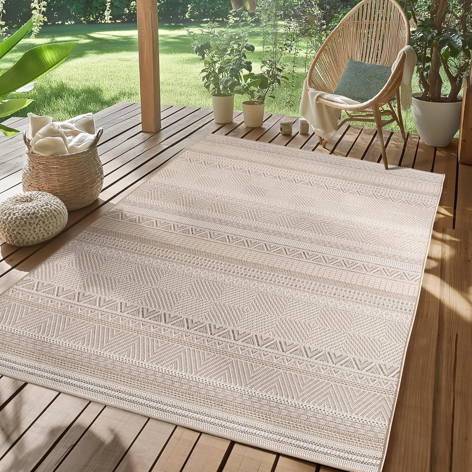 SIMPEX Outdoor Teppich Beige 160x230 cm Wetterfest UV-beständig Pflegeleicht Skandinavisches Boho Design für Küche Balk…