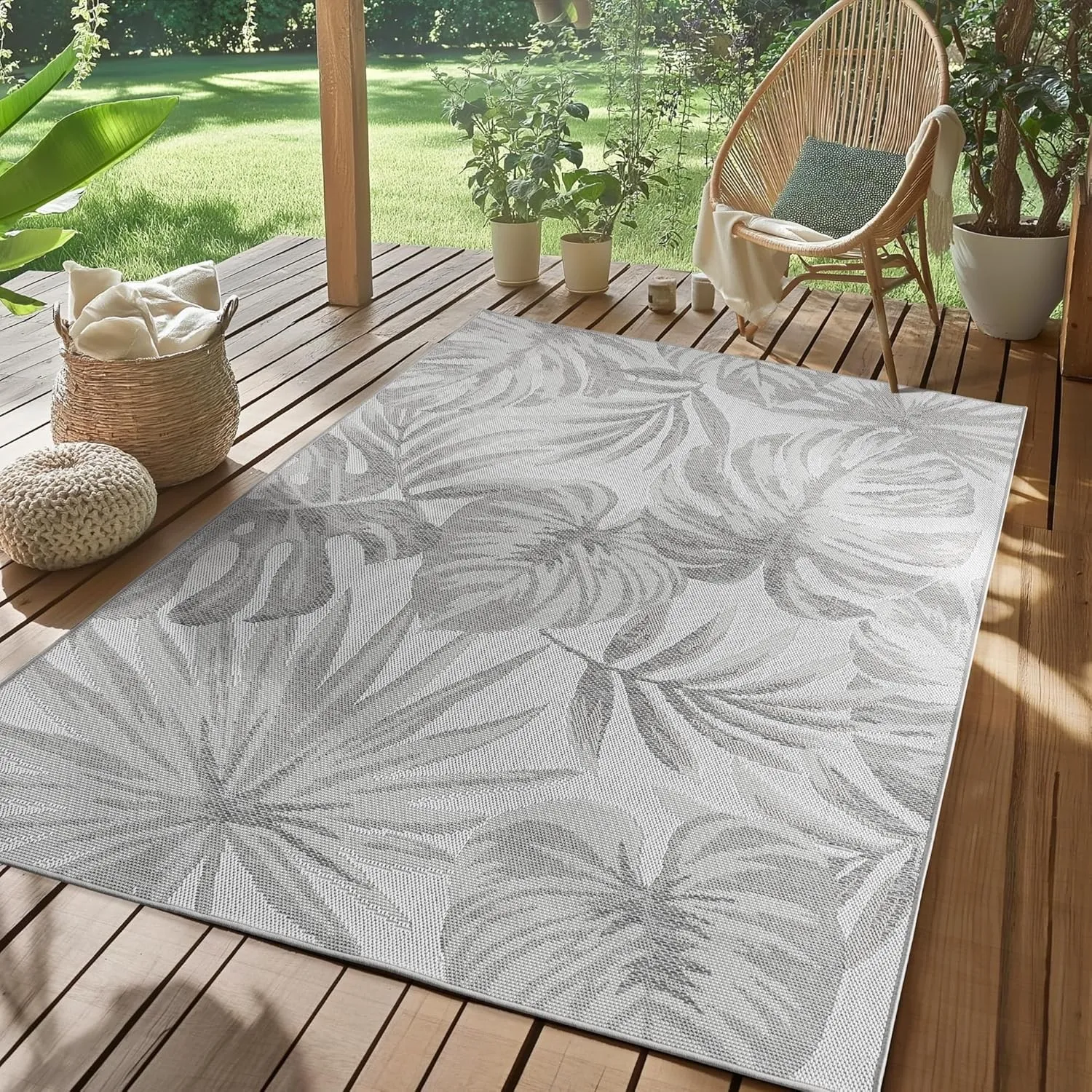 SIMPEX Outdoor Teppich Grau 200x290 cm Wetterfest UV-beständig Pflegeleicht Palmblätter Design für Küche Balkon Terrass…