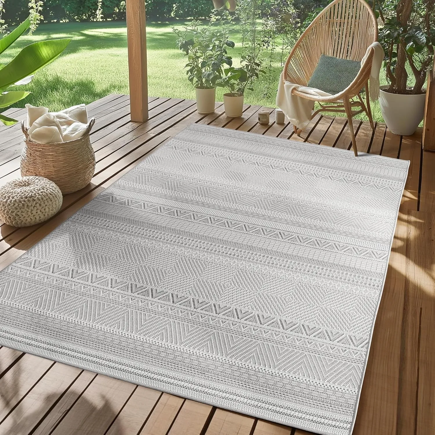 SIMPEX Outdoor Teppich Grau 200x290 cm Wetterfest UV-beständig Pflegeleicht Skandinavisches Boho Design für Küche Balko…