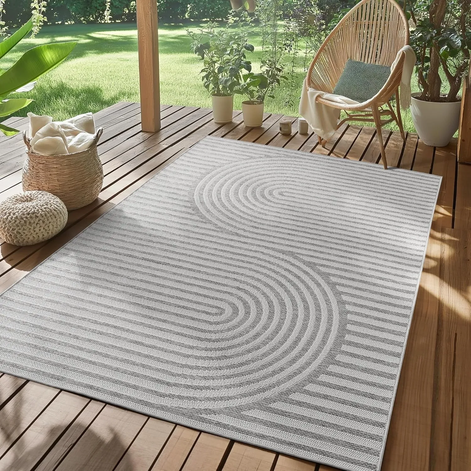SIMPEX Outdoor Teppich Grau 200x290 cm Wetterfest UV-beständig Pflegeleicht Skandinavisches Boho Design für Küche Balko…
