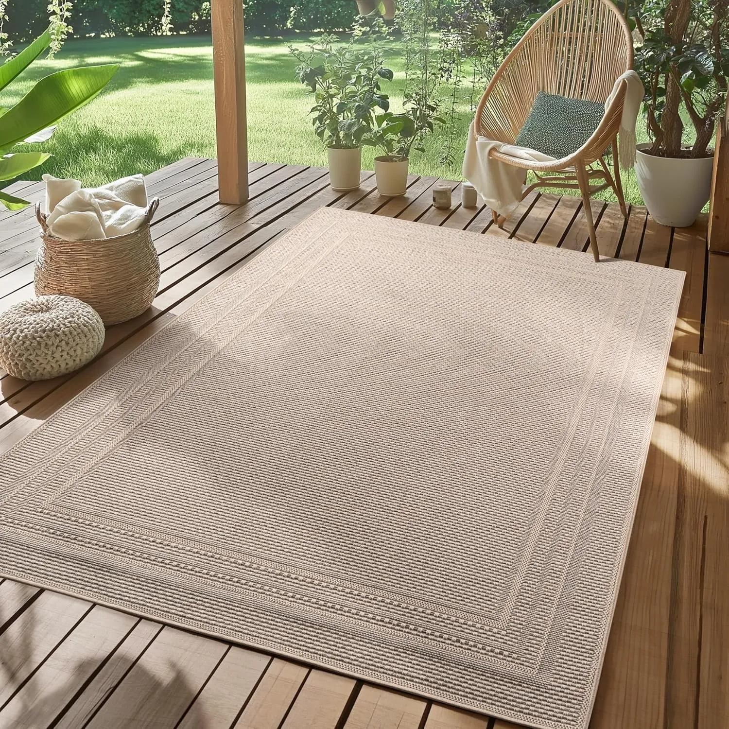 SIMPEX Outdoor Teppich Beige 200x290 cm Wetterfest UV-beständig Pflegeleicht Einfarbiges Design mit Bordüre für Küche B…