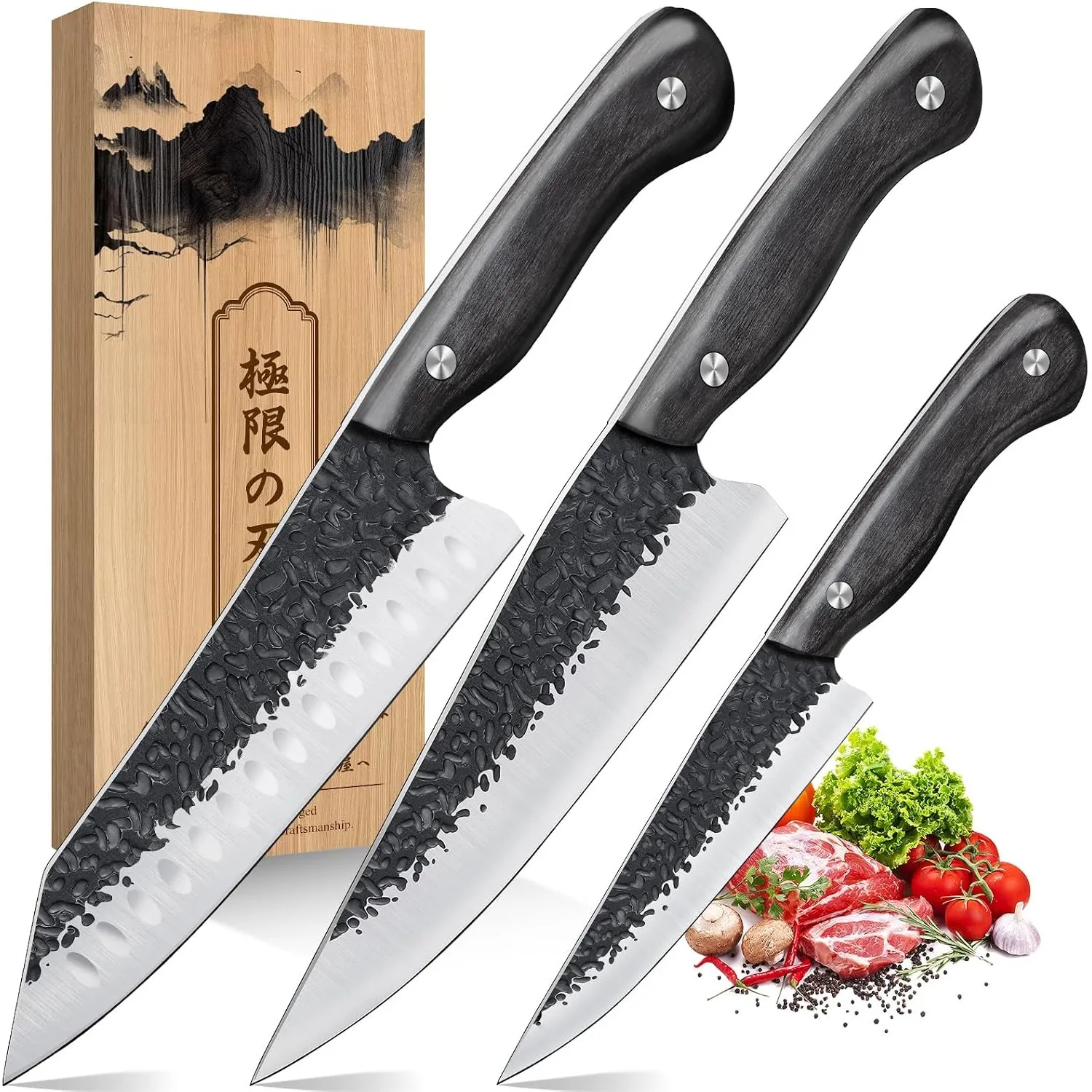 Purple Dragon Kochmesser 3er Set aus ATS-34 Stahl - rutschfester Holzgriff | ATS-34 Stahl handgeschmiedet, 15° V-Schlif…