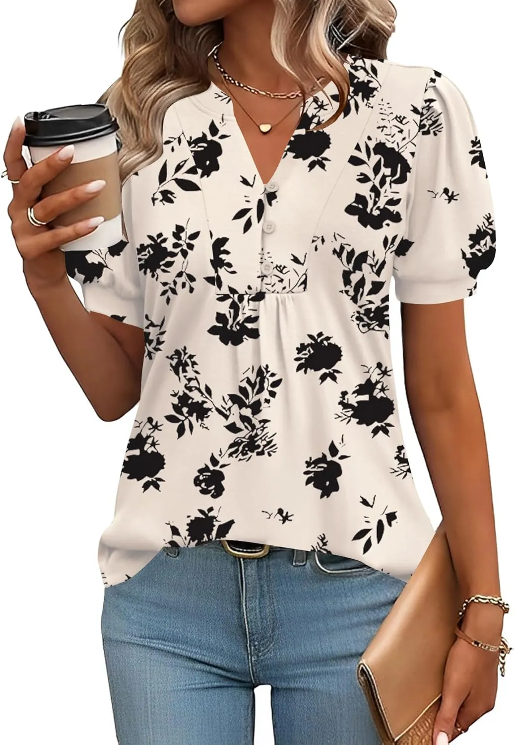 Rapbin Women’s V-Neck Blouse, Button-Down T-Shirt, Tunic, Short-Sleeved Top, Summer Tops, Elegant, Casual