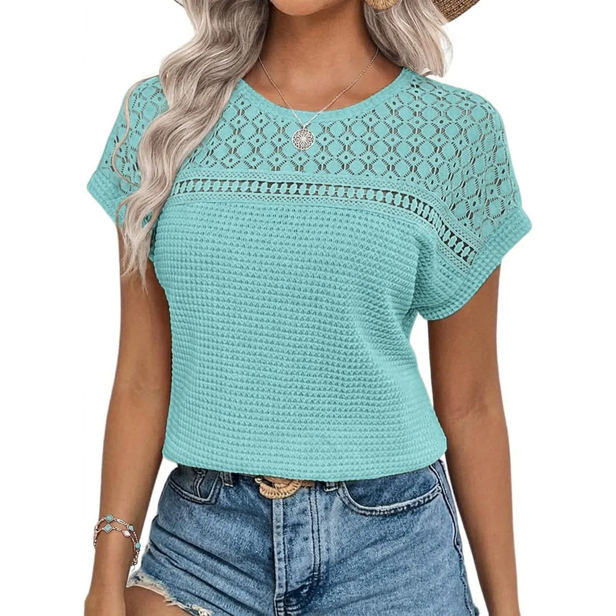 Chicrise Bluse Damen Elegant Kurzarm Spitzen Oberteile Häkel Tshirt Sommer | Sommer,Spitze,Kurzarm,Elegant,Waffelstrick…