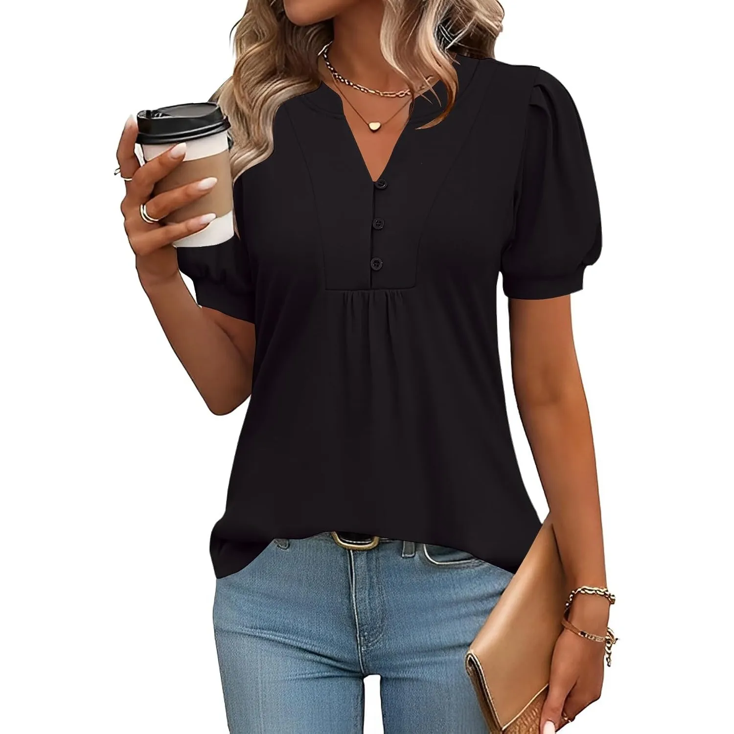Rapbin Bluse Damen V-Ausschnitt T-Shirt Tunika Kurzarm Sommer Top Elegant