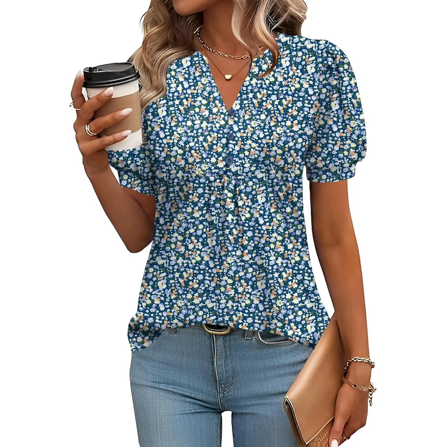 Rapbin Bluse Damen V-Ausschnitt Knopfleiste T-Shirt Tunika Kurzarm Top Sommer Oberteile Elegant Casual