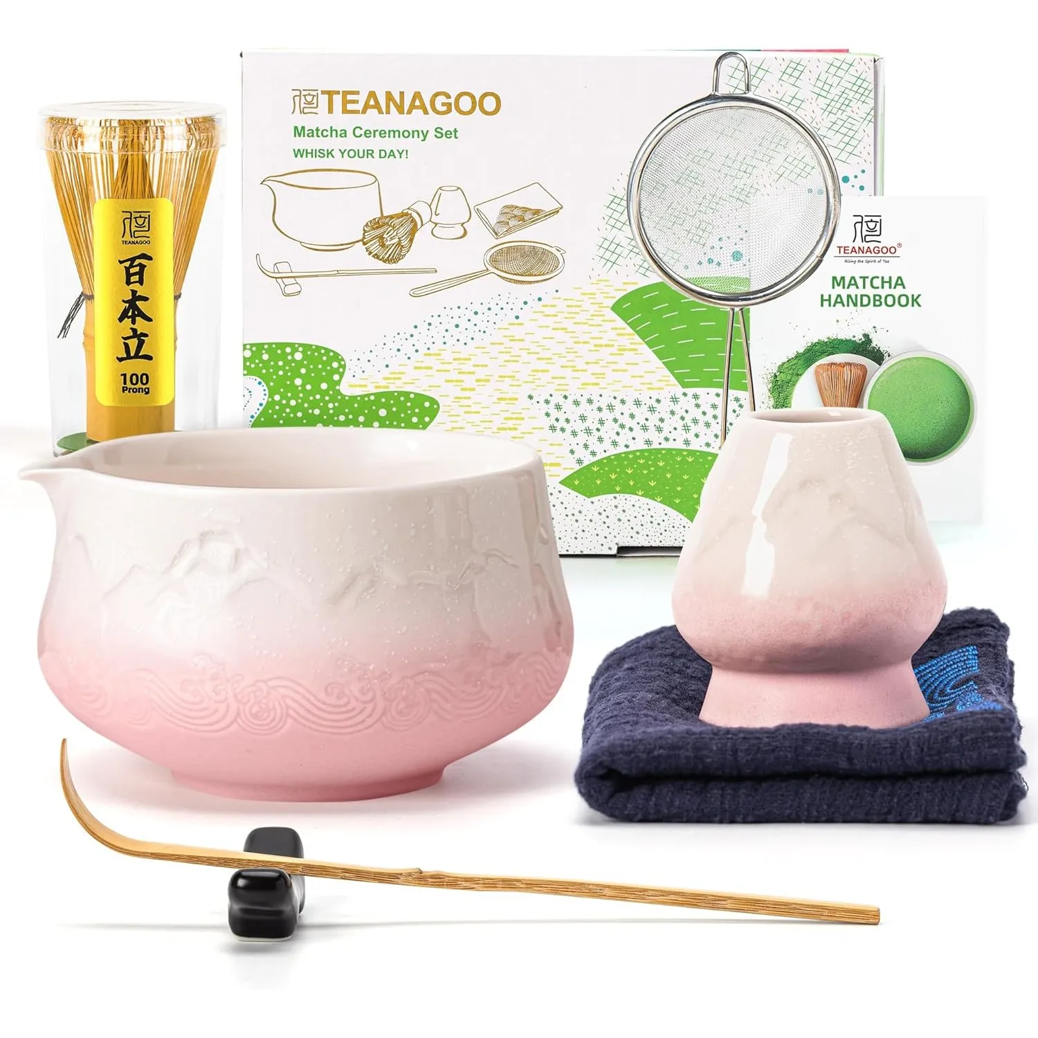 TEANAGOO 7 Stück Matcha Set, Matcha Besen, Matcha Schale mit Ausgießer, Matcha Set Rosa, Matcha Tee Set für die Zuberei…