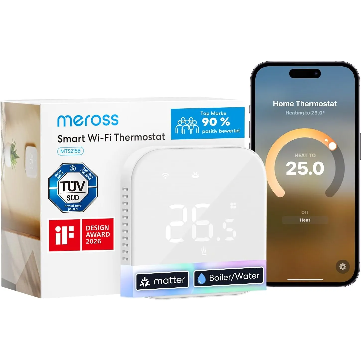 Meross Heizungsthermostat Matter Thermostat für Fußbodenheizung Boiler Weiß