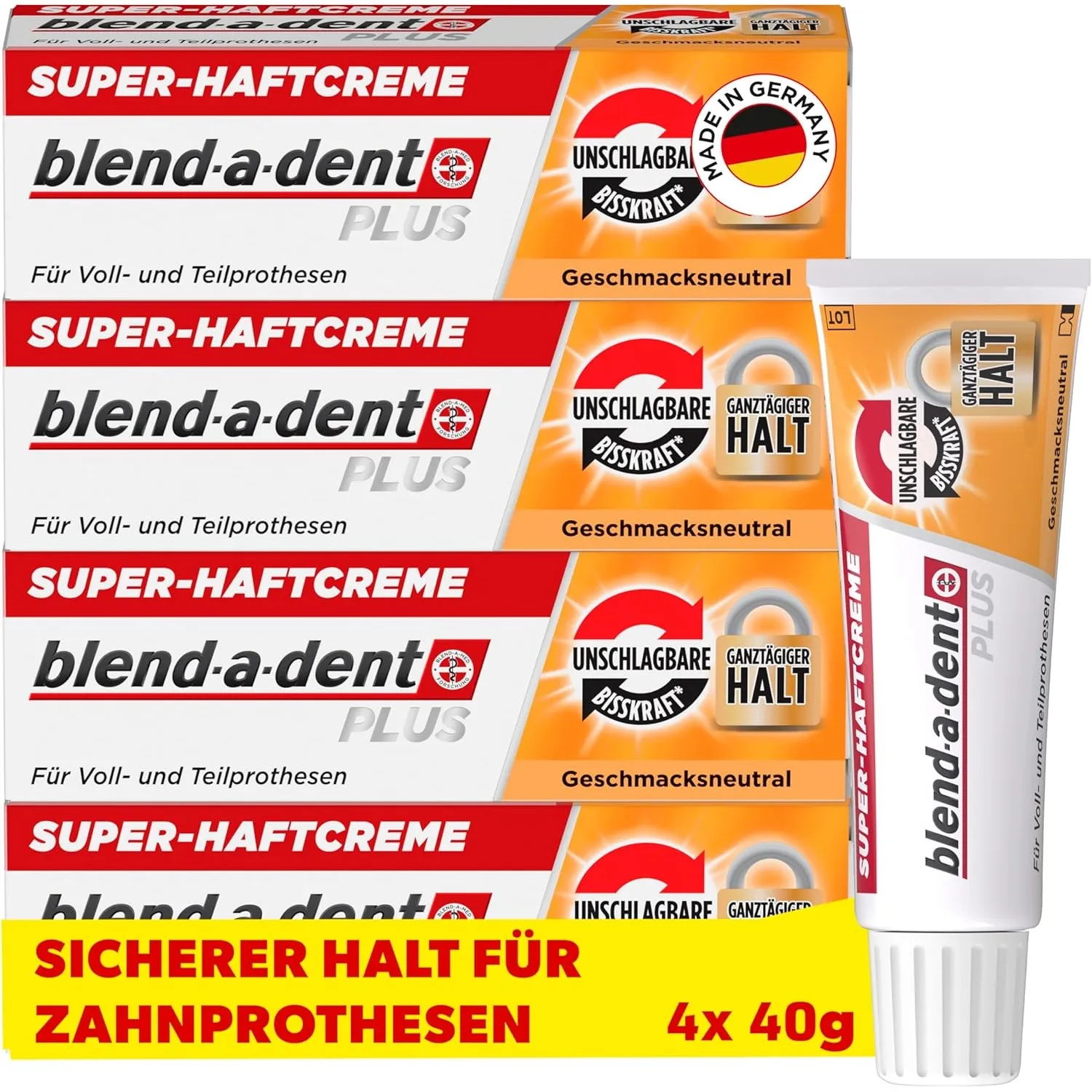 Blend-a-dent Haftcreme, Unschlagbare Bisskraft für Starken Prothesenhalt, Geschmacksneutral, 4x 40g