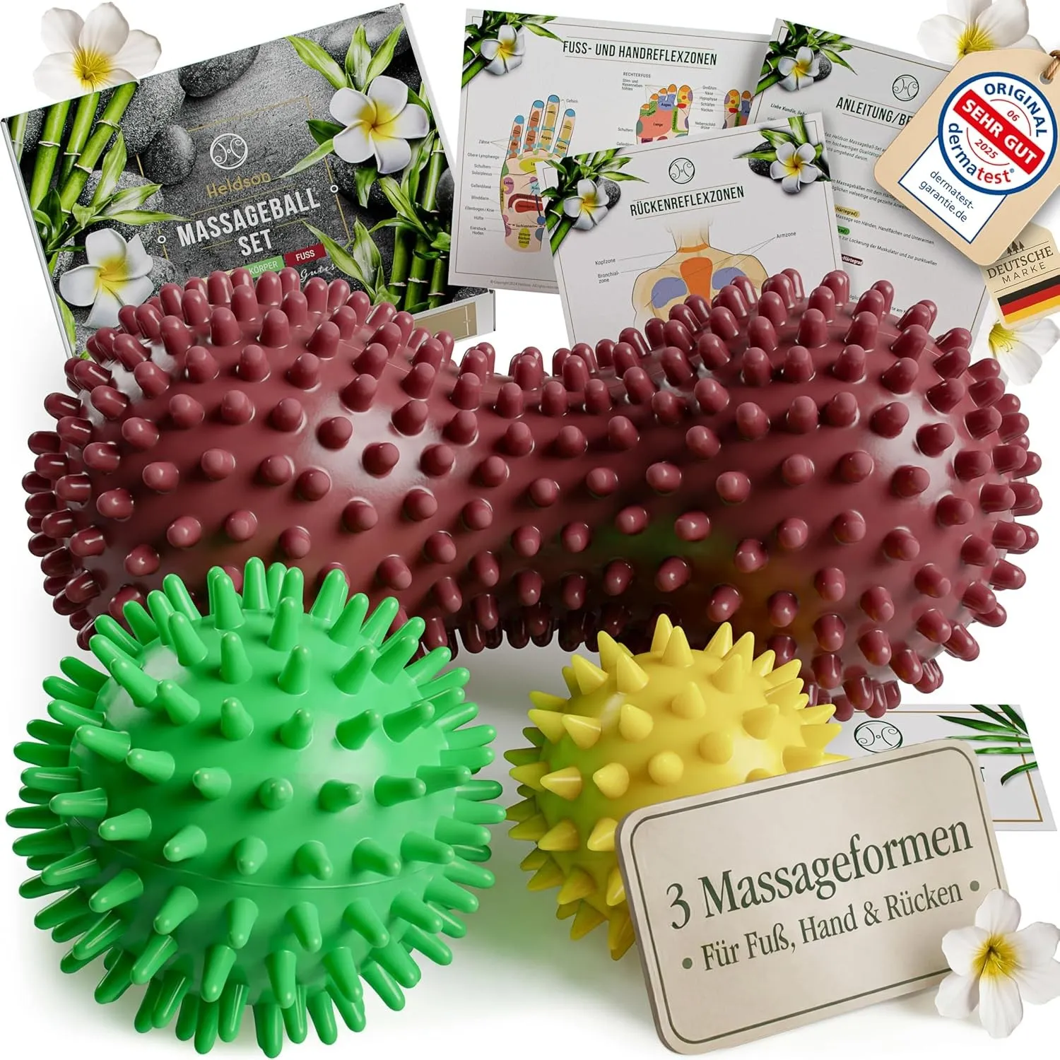 HELDSON® Premium Massageball 3er Set inkl. Peanut ball - Igelball Fußmassage hart - Noppenball - Igelbälle klein - Fasz…