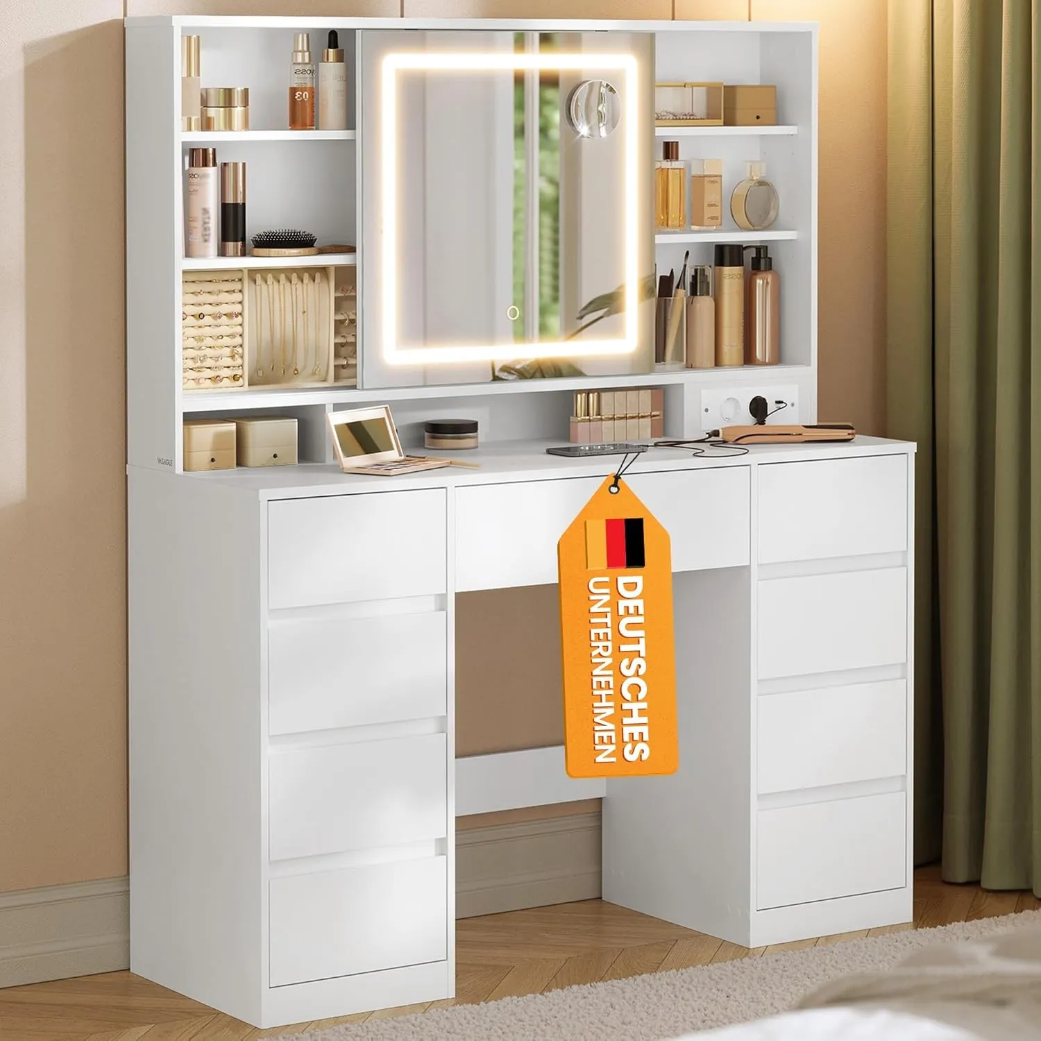 VASAGLE Kailyn Kollektion - Schminktisch mit Spiegel und LED-Leuchten, Steckdosenleiste, 9 Schubladen, 10x Vergrößerung…