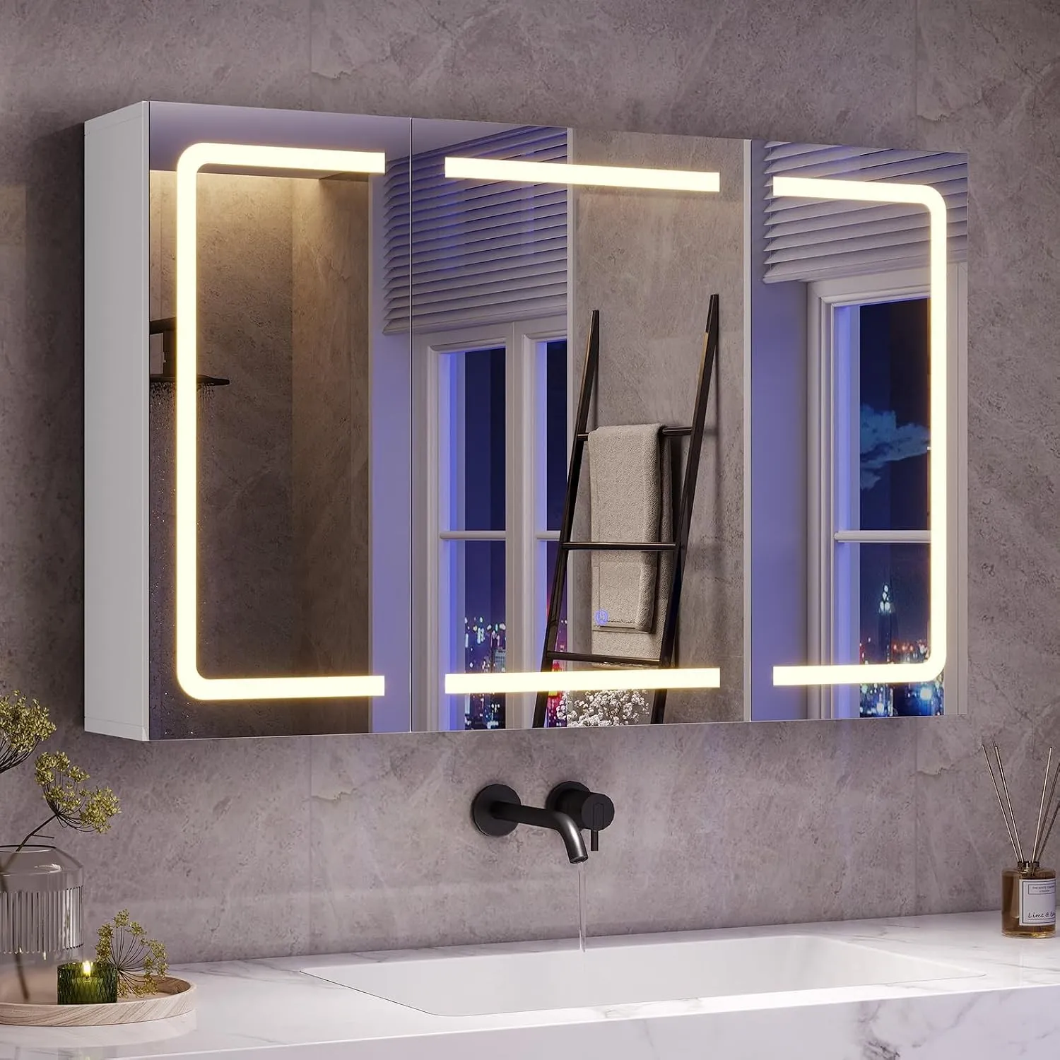 Spiegelschrank mit LED-Beleuchtung,Steckdose & 3 Farbtemperaturen|Badezimmerschrank 60×90×16 cm (H×B×T) dimmbar +Touch-…