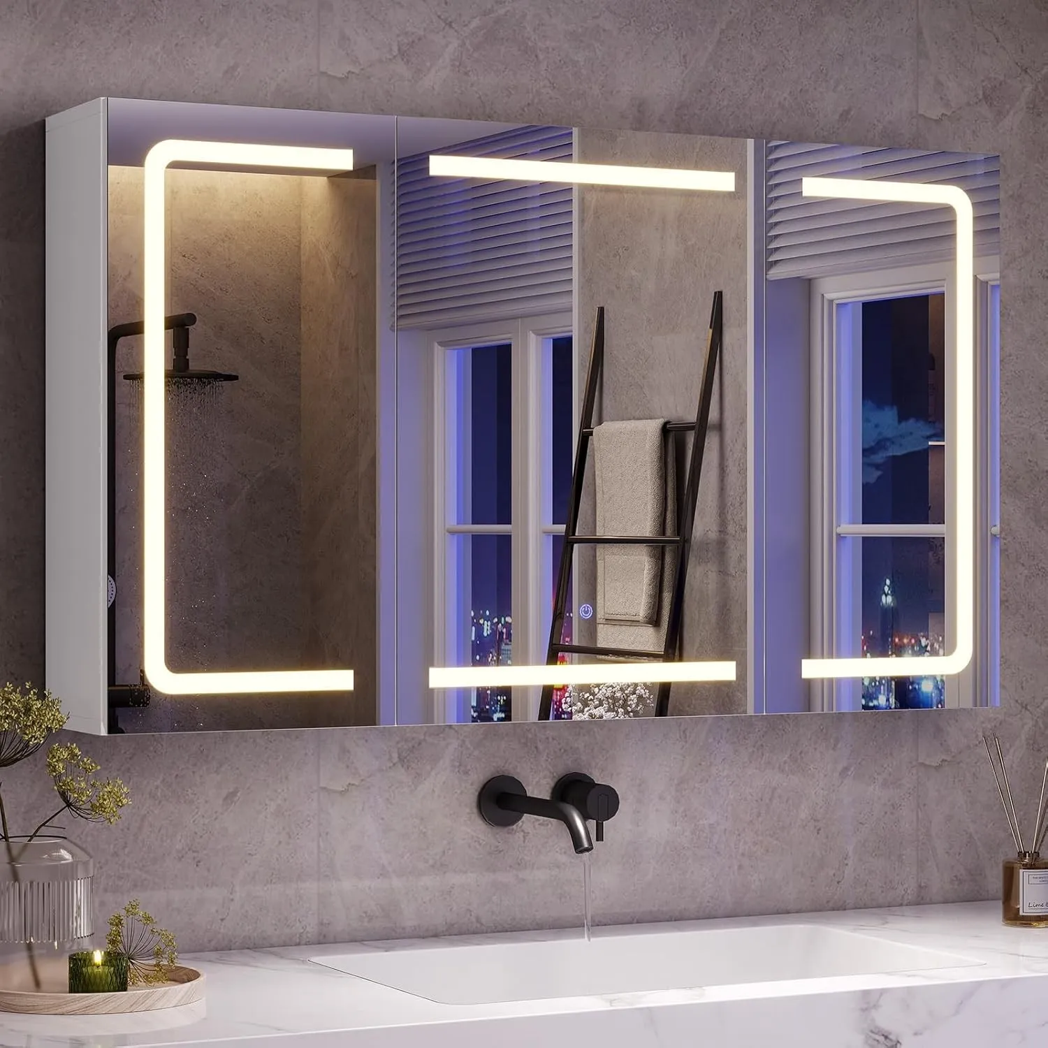 Spiegelschrank Bad 100 cm breit mit LED-Beleuchtung, Steckdose & 3 Farbtemperaturen | Dimmbarer Badezimmerschrank mit T…