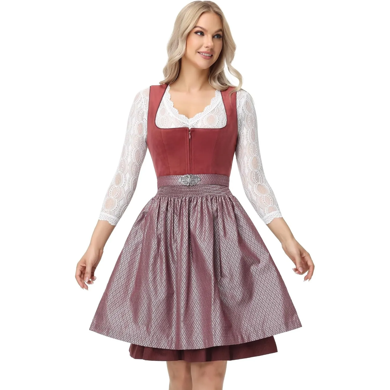 TrendiMax Damen Midi Dirndl - Elegant Samt Dirndlkleid Trachtenkleid für Oktoberfest mit Blumenmuster Schürze 34-46