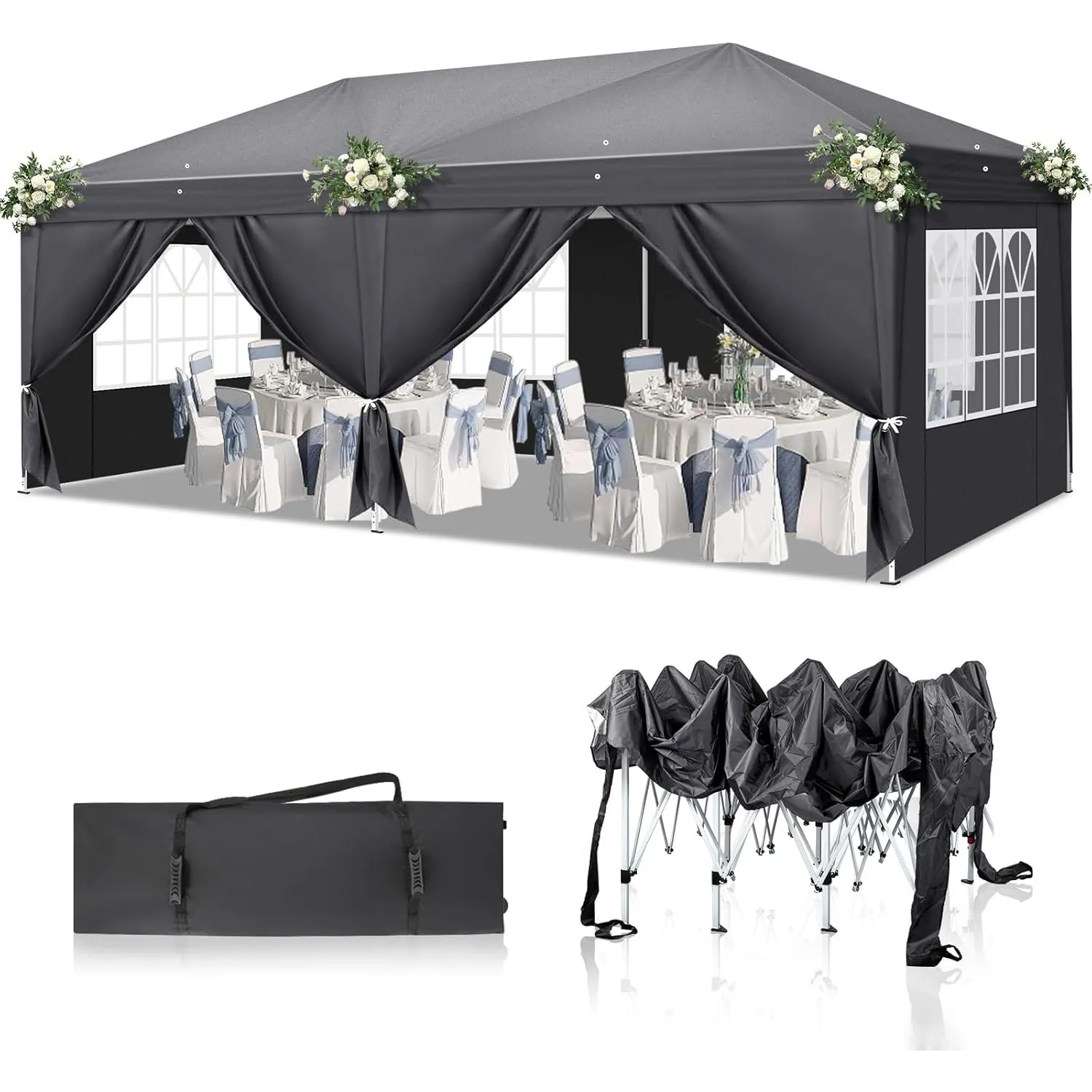 Pavillon 3x6 m,Faltpavillon 420D Oxford,6 Seitenteilen,Grau | Wasserdicht Stabil Winterfest UV Schutz 50+,Gartenpavillo…