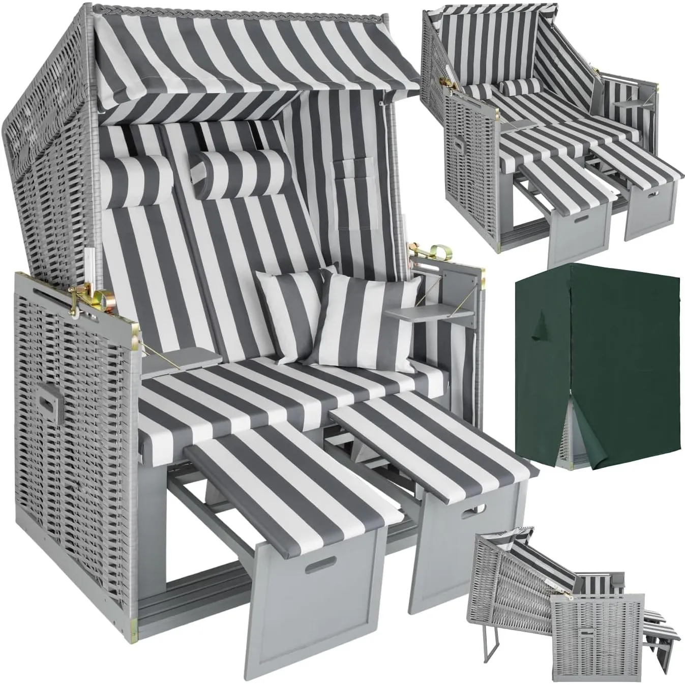 tectake® Strandkorb, Strandkorb Ostsee 2-Sitzer, verstellbare Rückenlehne, Volllieger mit Fußbänkchen und Seitentische,…