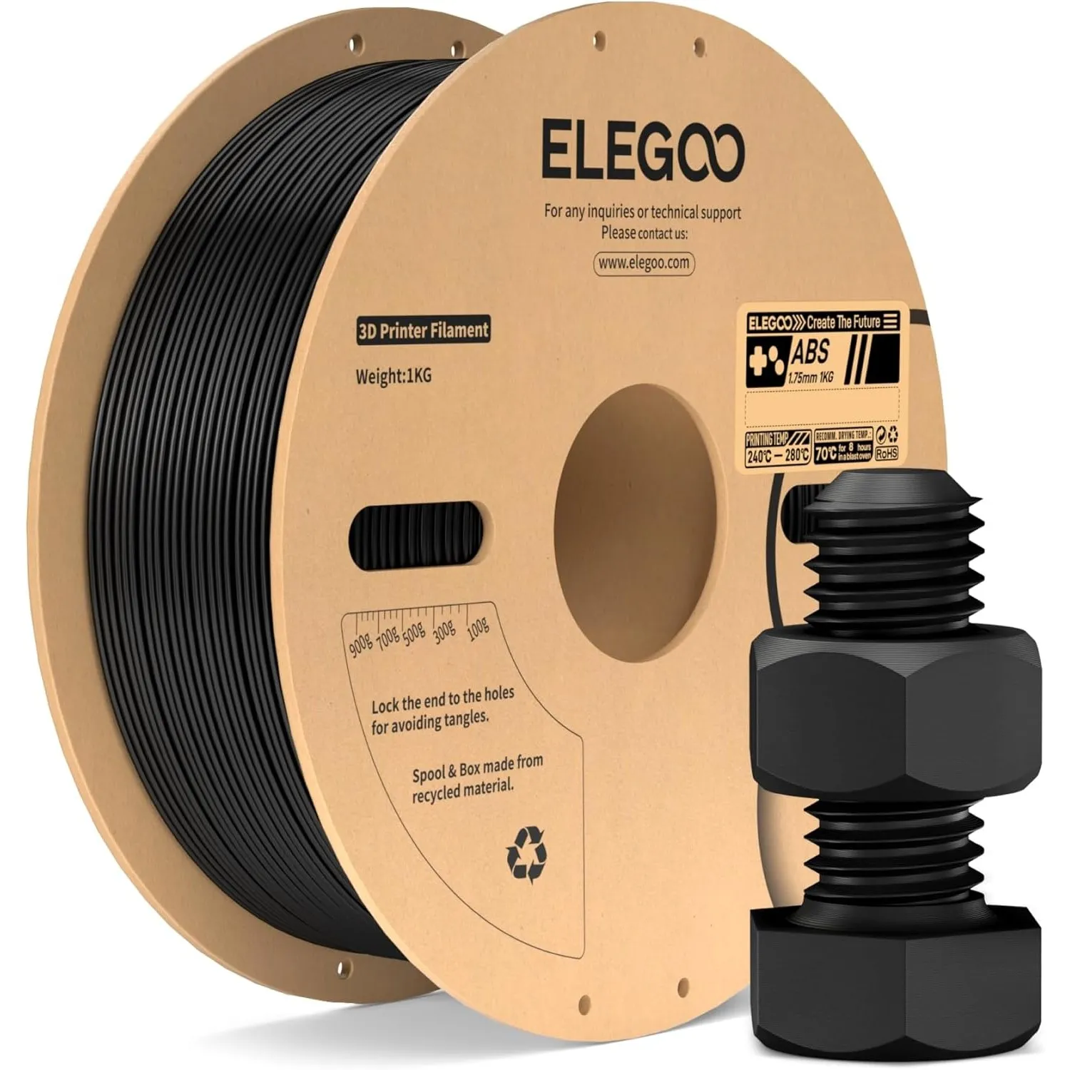 ELEGOO ABS Filament 1,75 mm Schwarz 1KG, 3D-Drucker Filament, Hohe Zähigkeit und Schlagfestigkeit, Hitze- und Wasserbes…