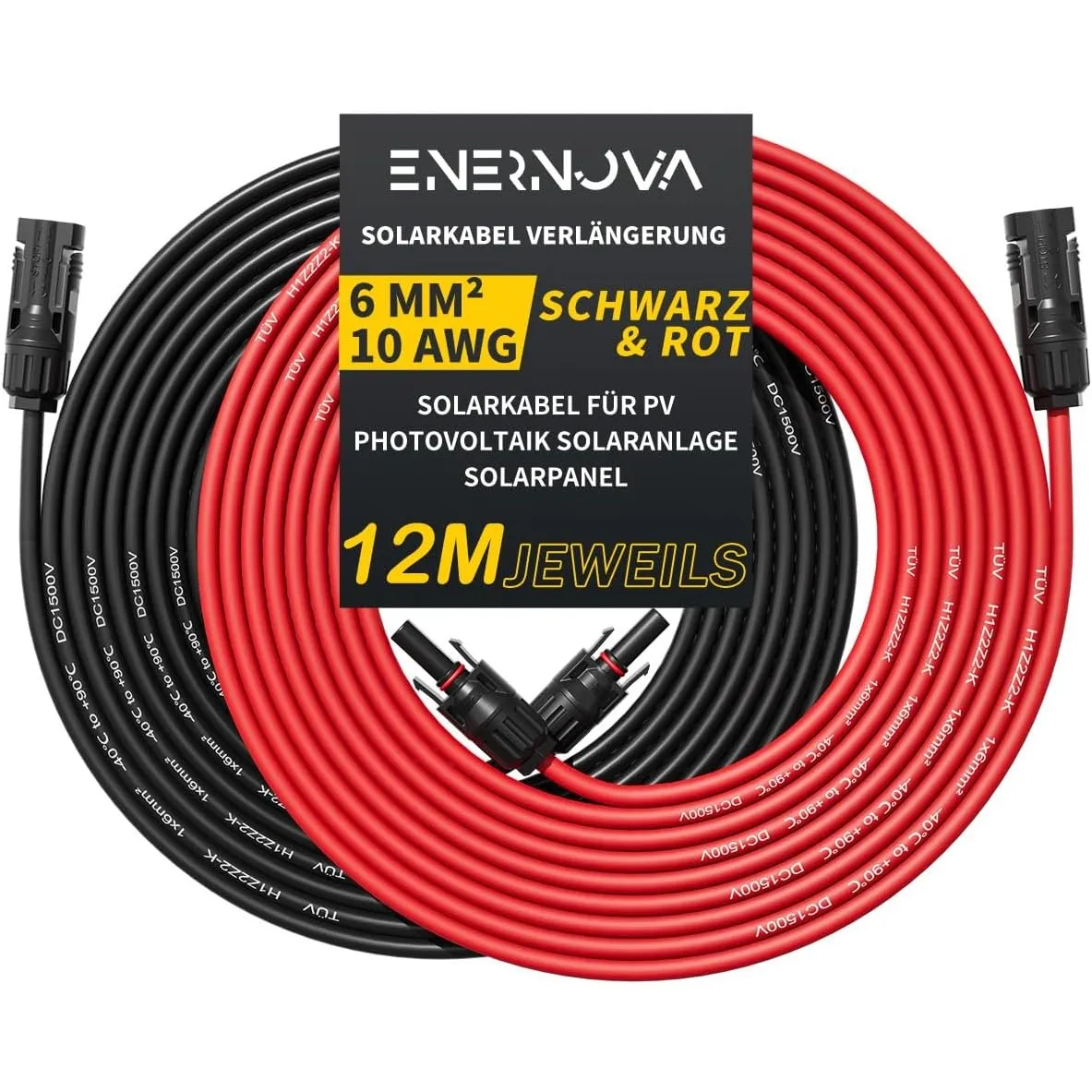 ENERNOVA Solarkabel 4mm²/6mm², Verlängerung 1-50M IP67 für PV Solaranlage | TÜV Zertifiziert H1Z2Z2-K EN50618, PPO UV-B…