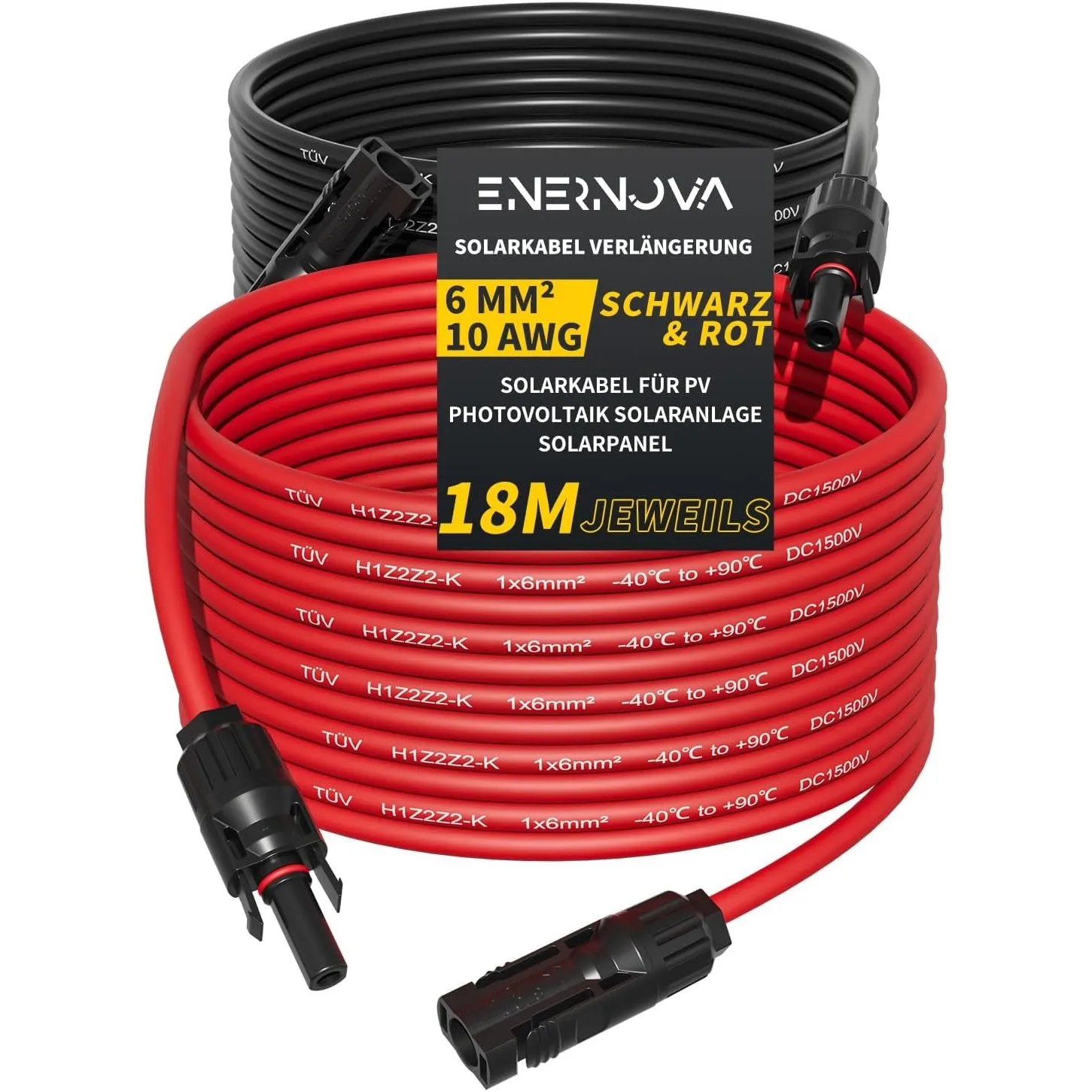 enernova Solarkabel 4mm²/6mm², Verlängerung 1-50M IP67 für PV Solaranlage | TÜV Zertifiziert H1Z2Z2-K EN50618, PPO UV-B…