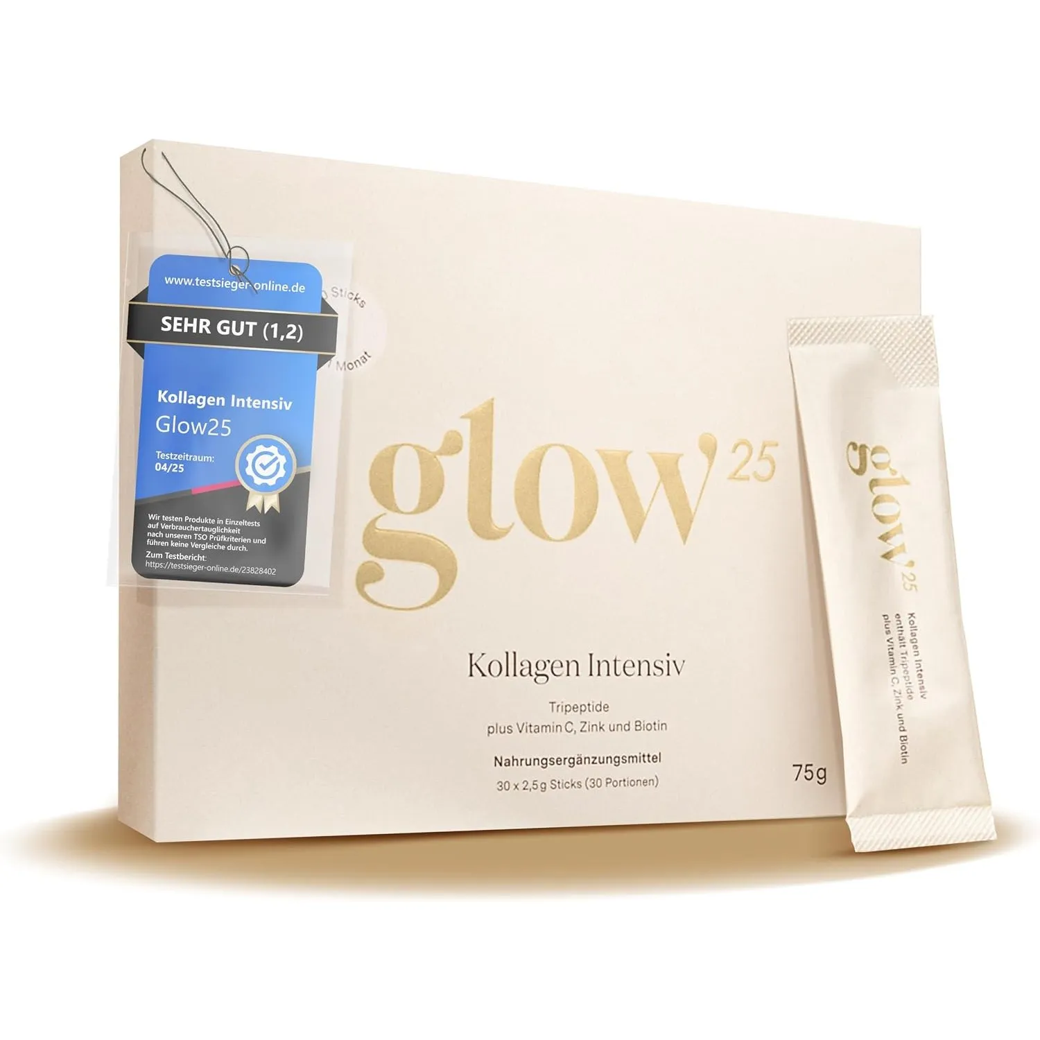 Glow25® Kollagen Intensiv [30 Sticks] – mit Tripeptiden, Vitamin C, Zink und Biotin – Premium Marine Collagen Hydrolysa…