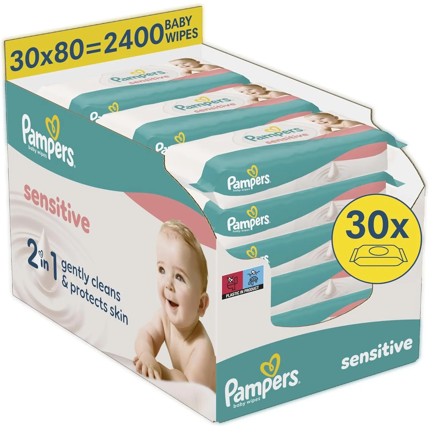 Pampers Sensitive Baby-Feuchttücher, 30 Packungen mit 80 Feuchttüchern - 2400 Baby-Feuchttücher, 2-in-1 sanfte Reinigun…