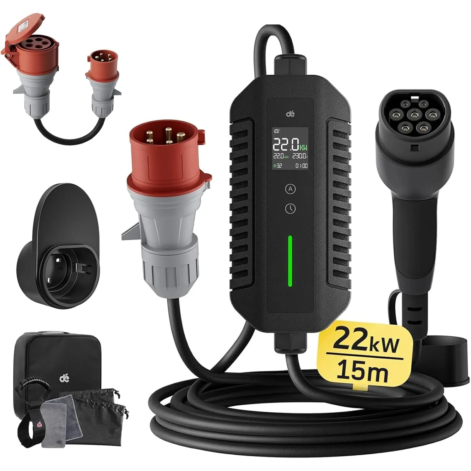 dé Mobile Wallbox/Ladestation 22kW [3-phasig|15m|6-32A] mit stromzähler, Ladekabel CEE 32A auf Typ 2 und EV Ladegerät f…