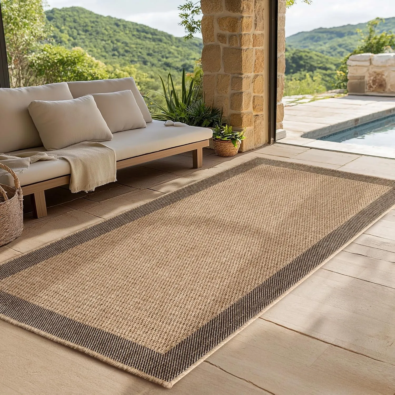 SIMPEX Outdoor Teppich Läufer 80x250 cm Wetterfest Pflegeleicht Jute Natur Optik Bordüre Design für Flur Küche Terrasse…