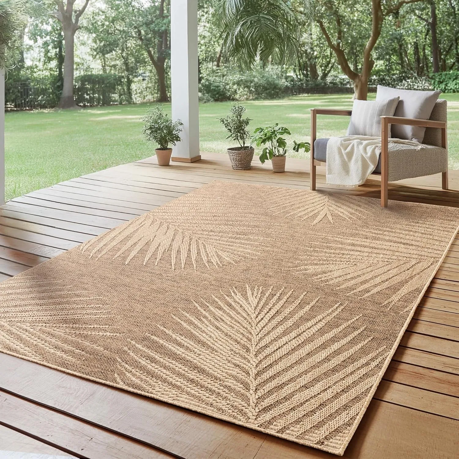 SIMPEX Outdoor Teppich 280x370 cm XXL Wetterfest Pflegeleicht Jute Natur Optik Palmen Design für Wohnzimmer Esszimmer S…