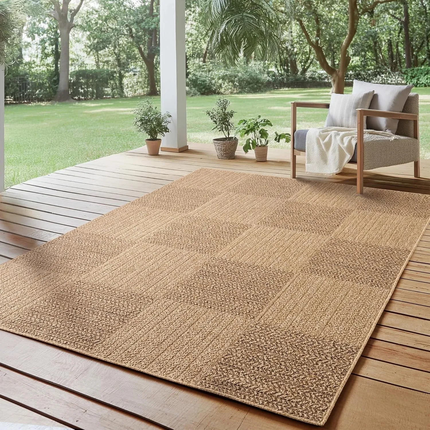 SIMPEX Outdoor Teppich 140x200 cm Wetterfest Pflegeleicht Jute Natur Optik Karo Design für Wohnzimmer Esszimmer Schlafz…