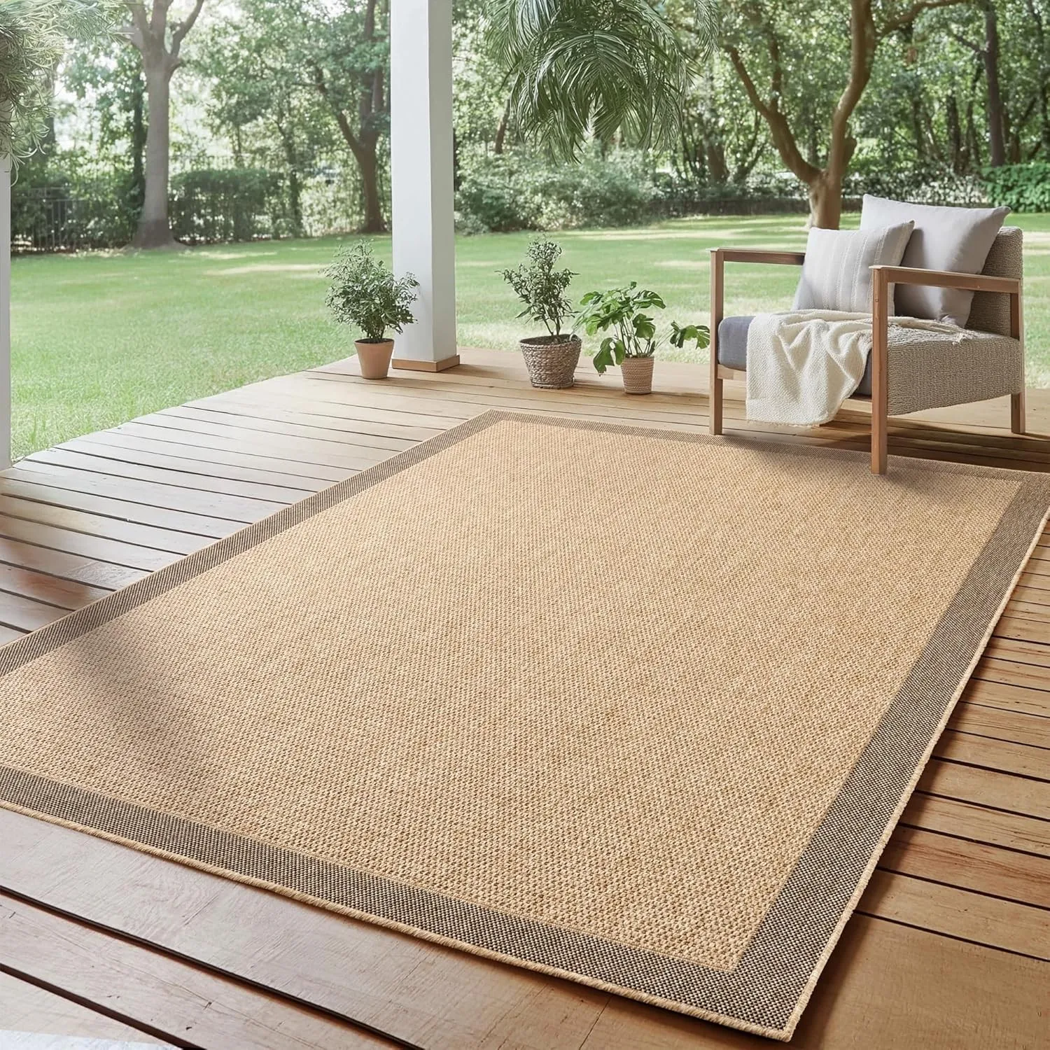 SIMPEX Outdoor Teppich 160x230 cm Wetterfest Pflegeleicht Jute Natur Optik Bordüre Design für Wohnzimmer Esszimmer Schl…