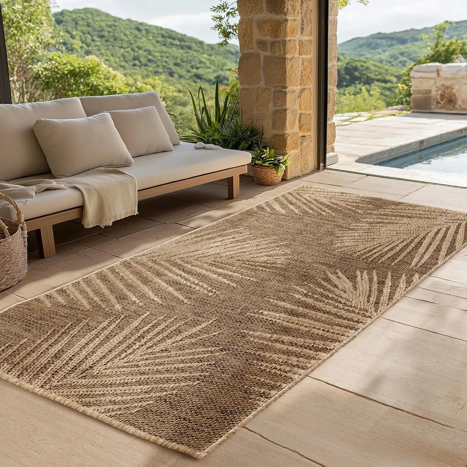 SIMPEX Outdoor Teppich Läufer 80x150 cm Wetterfest Pflegeleicht Jute Natur Optik Palmen Design für Flur Eingang Küche T…