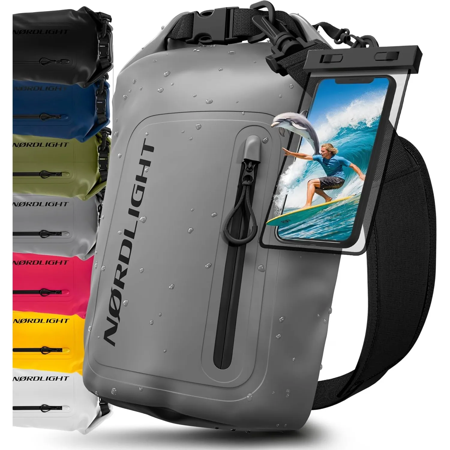 Nordlight Dry Bag wasserdichte Tasche mit Handyhülle + Roll-Top, Schultergurt | Drybag wasserfester Rucksack Beutel Pac…
