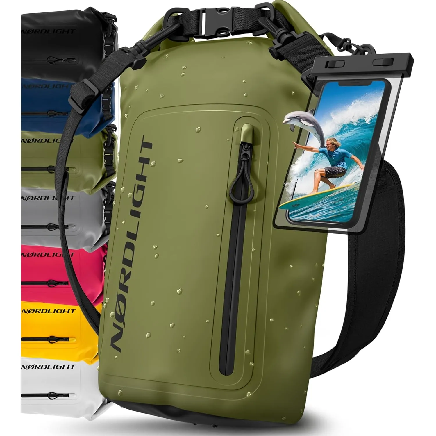 Nordlight Dry Bag wasserdichte Tasche mit Handyhülle + Roll-Top, Schultergurt | Drybag wasserfester Rucksack Beutel Pac…