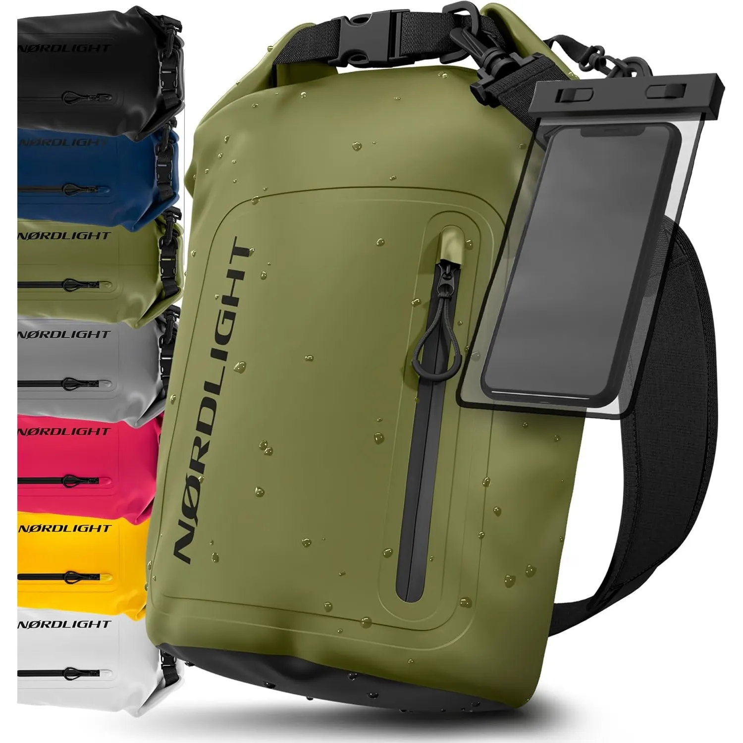 Nordlight Dry Bag wasserdichte Tasche mit Handyhülle + Roll-Top, Schultergurt | Drybag wasserfester Rucksack Beutel Pac…