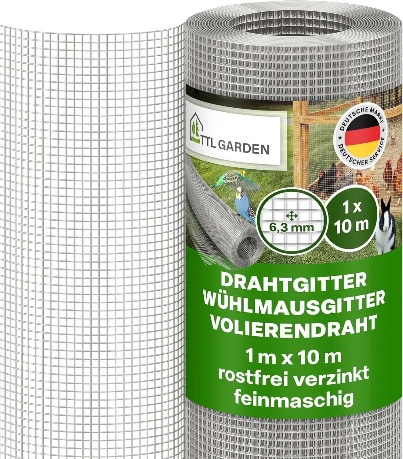 TTL GARDEN 1m x 10m Drahtgitter feinmaschig rostfrei verzinkt 6,3mm Masche 0,55 mm Draht Stärke - auf Rolle Maschendrah…