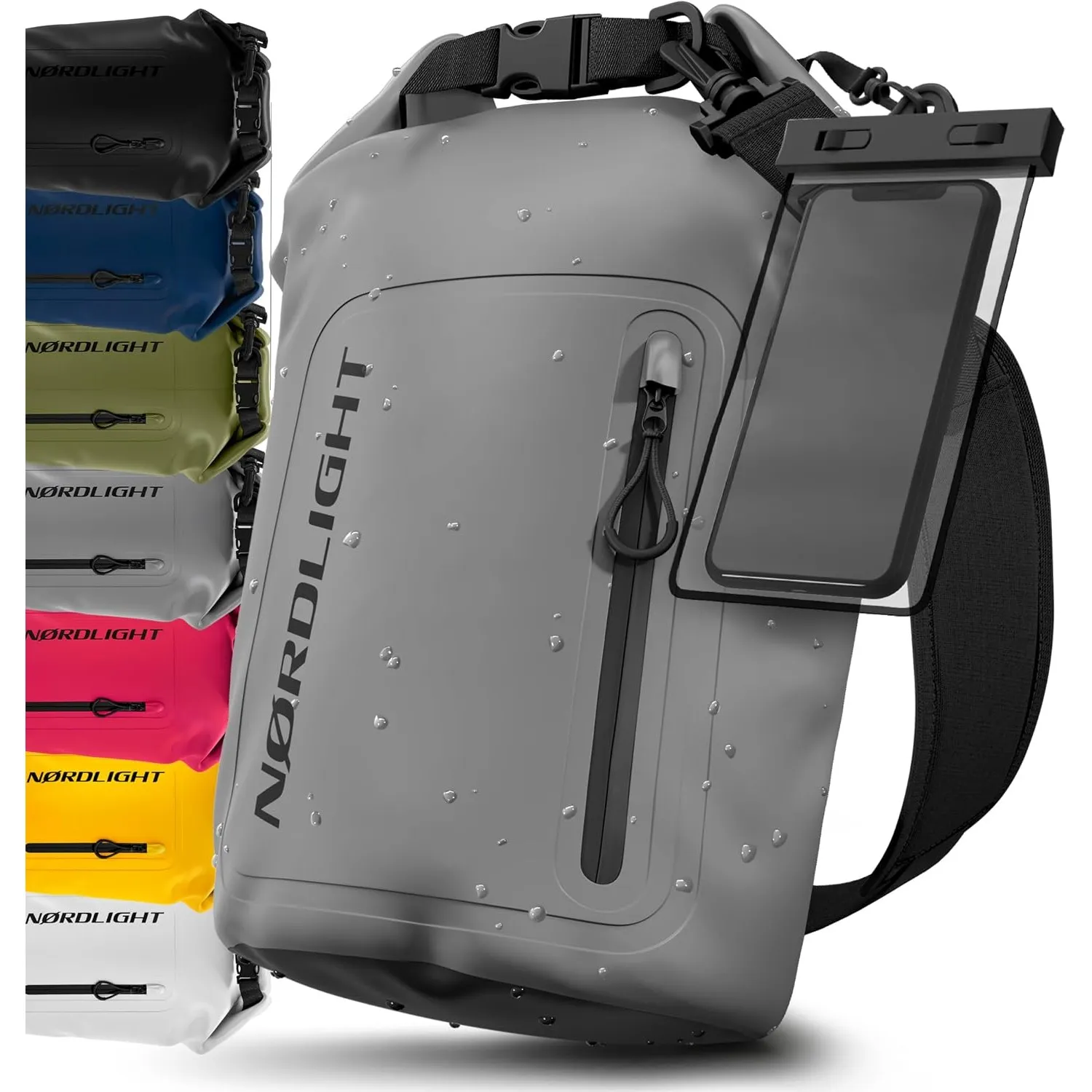 Nordlight Dry Bag wasserdichte Tasche mit Handyhülle + Roll-Top, Schultergurt | Drybag wasserfester Rucksack Beutel Pac…