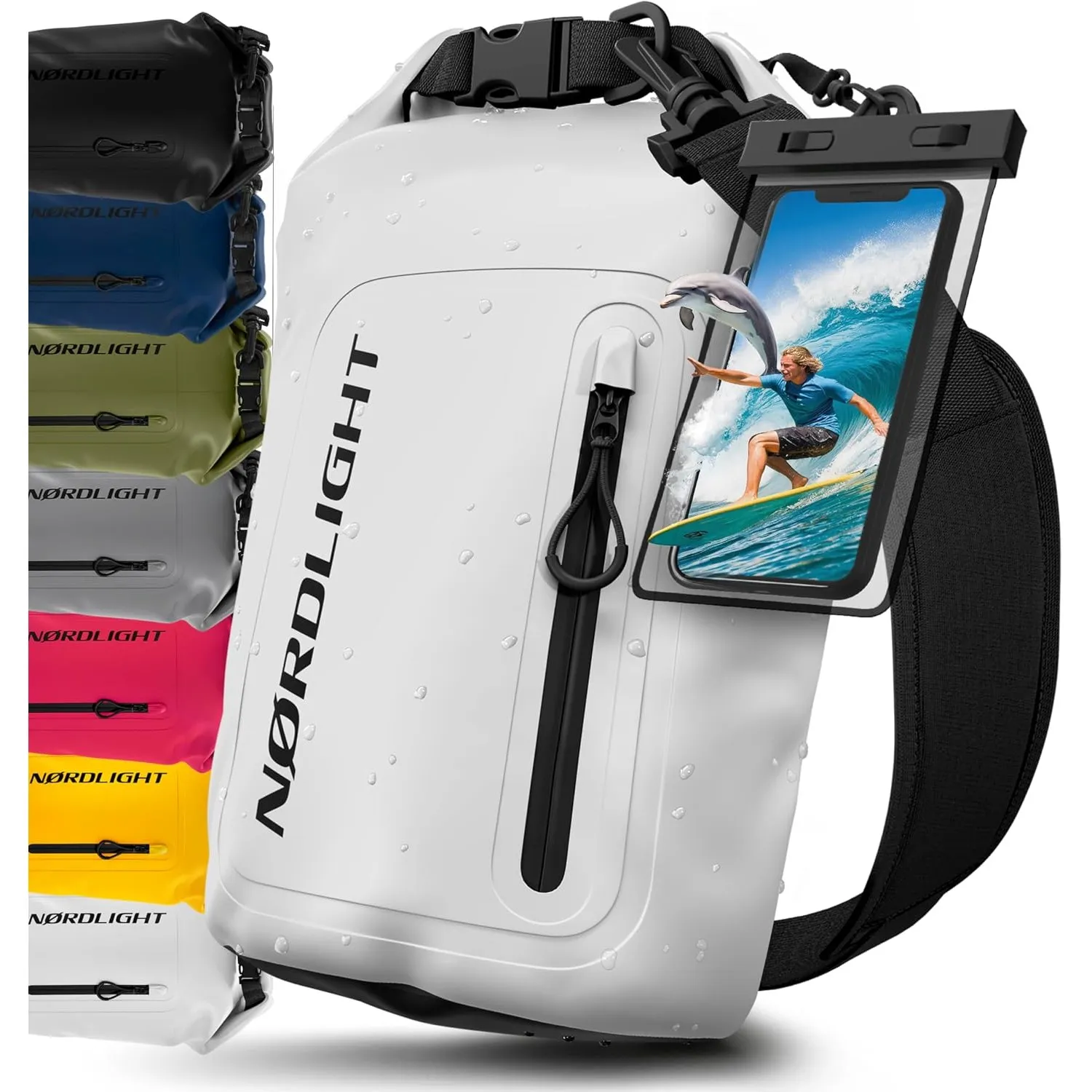 Nordlight Dry Bag wasserdichte Tasche mit Handyhülle + Roll-Top, Schultergurt | Drybag wasserfester Rucksack Beutel Pac…