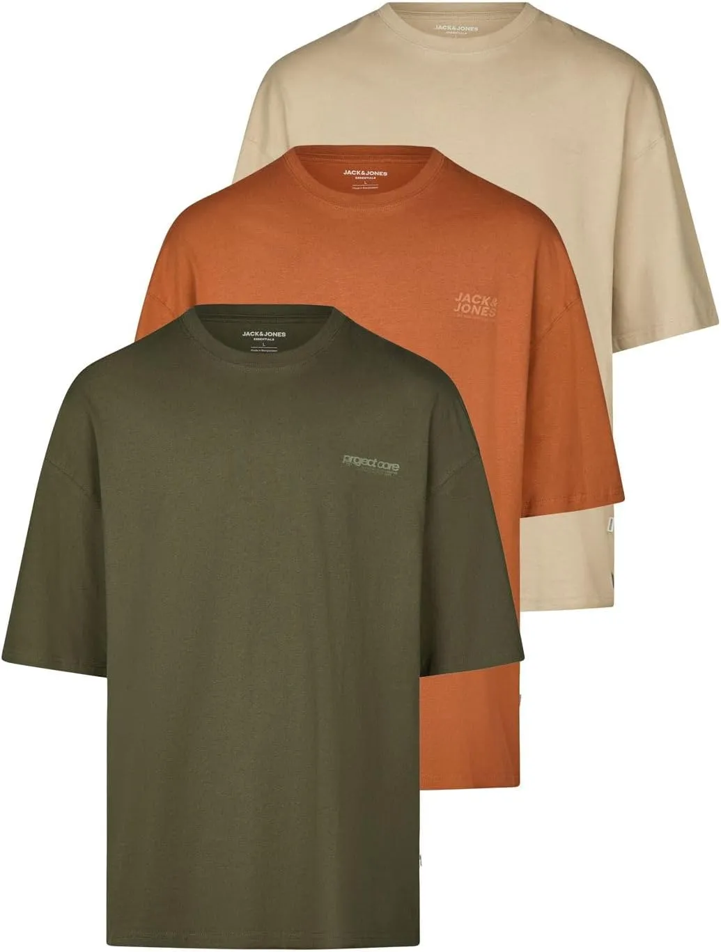 JACK & JONES JJECHARGE Men's Oversize Fit T-Shirt, Set of 3, Crew Neck, Short Sleeve, Summer T-Shirt, Print, Black, Whi…