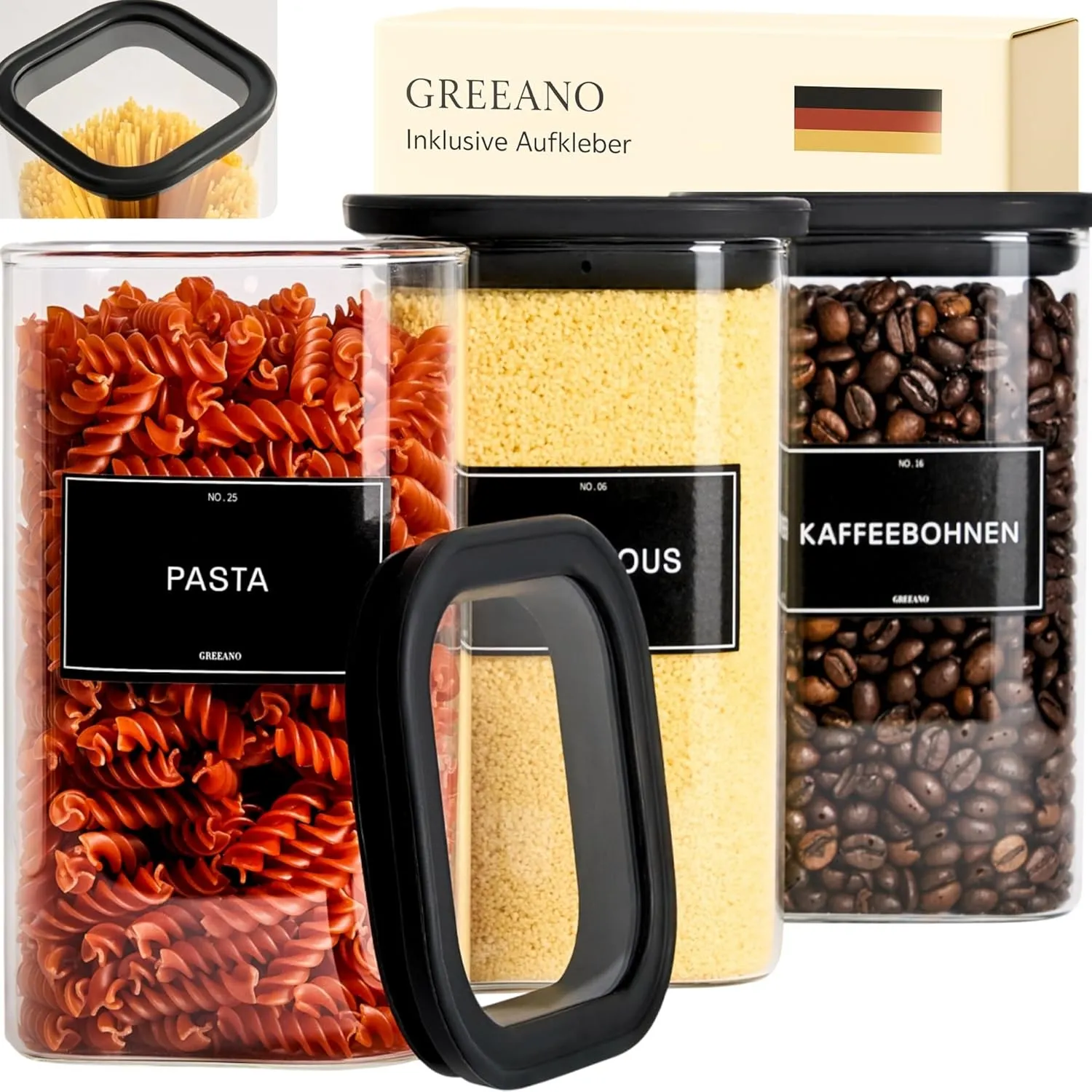 Vorratsgläser eckig mit Glasdeckel 1200ml [3er Set]