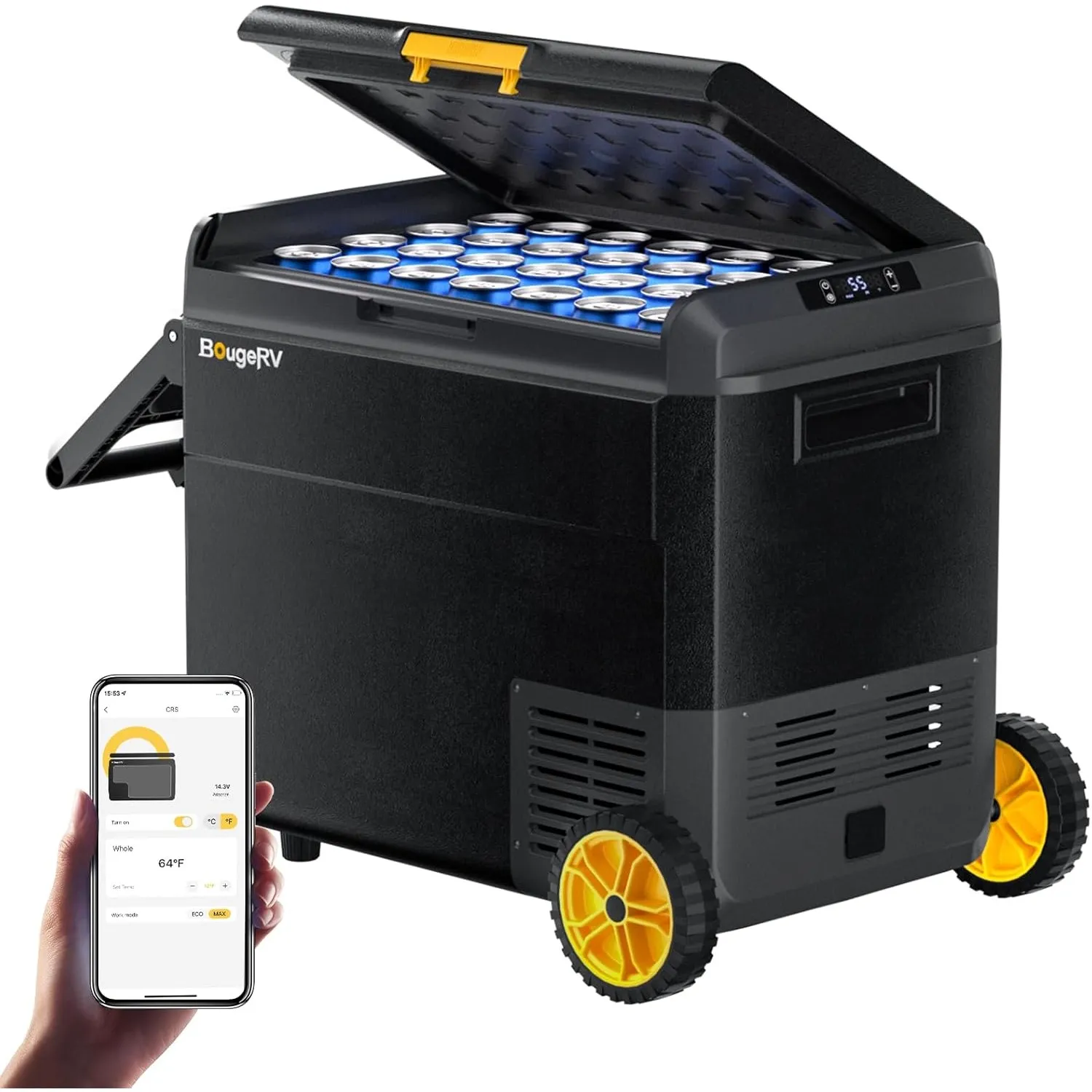 BougeRV CRS 60L Kompressor Kühlbox mit Griff Rollen Auto Kühlbox 12V 230V mit APP Steuerung Integrierter Korb, Gefrierb…