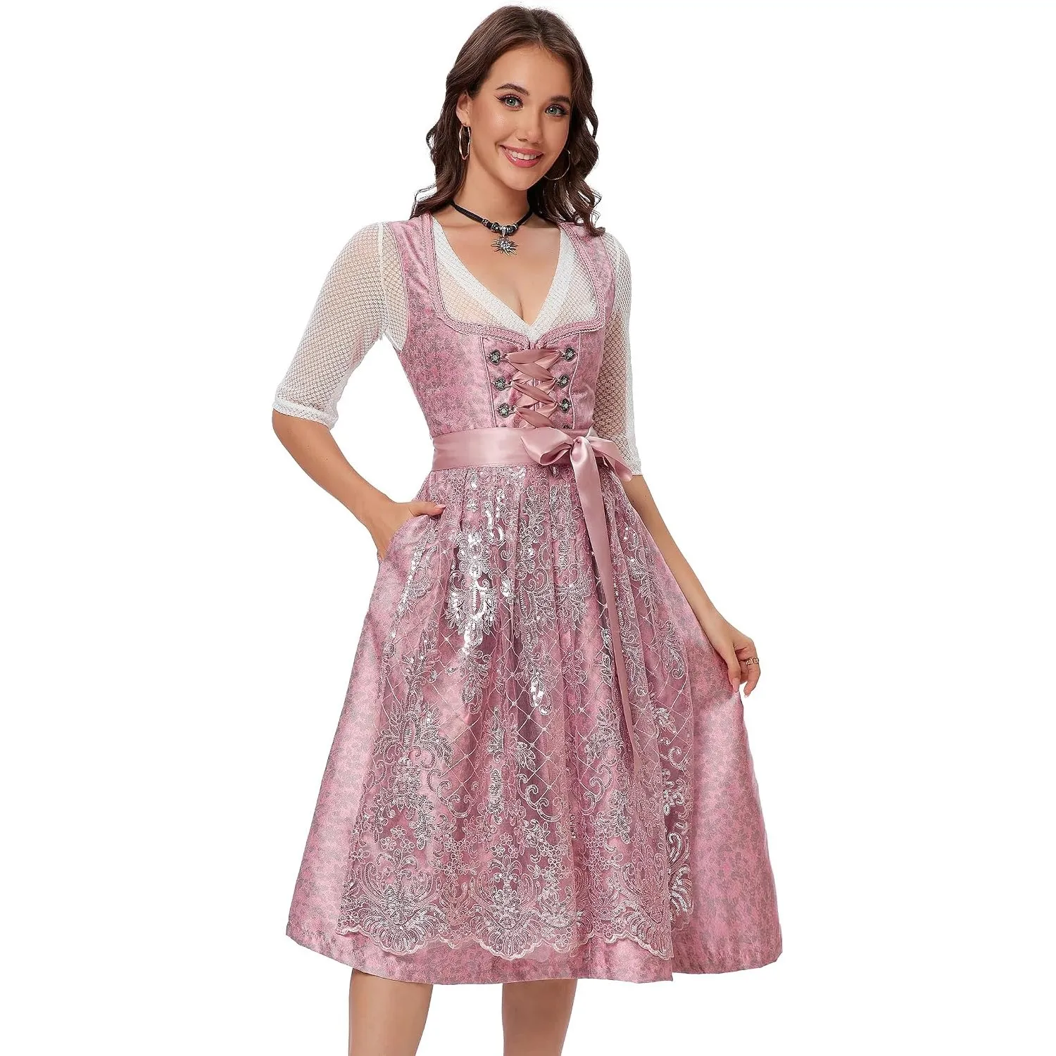 YesFashion Dirndl Damen Midi Dirndl für Damen Trachtenkleid 3Tlg. Trachtenmode Kleid für Oktoberfest Rosa