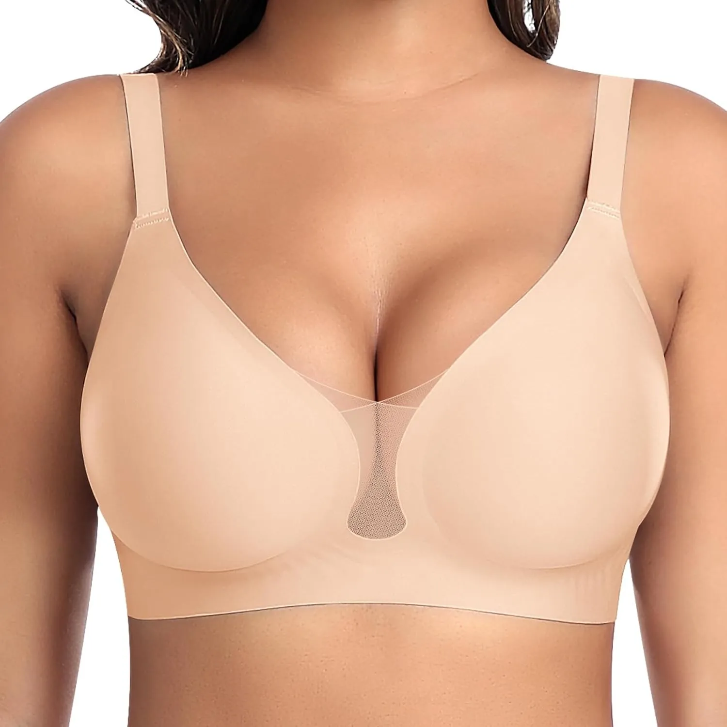 BH Damen Ohne Bügel Nahtloser Glatter Weicher BH Modische Spitze Mesh Tiefes V-Ausschnitt Bequemer BHS Gepolsterter BHS…
