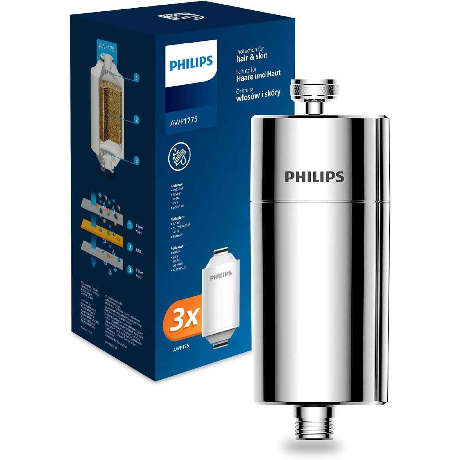 Philips Water Inline-Duschfilter +3 Ersatzfilterkartuschen reduziert Chlor um bis zu 99 Prozent passend für alle Standa…