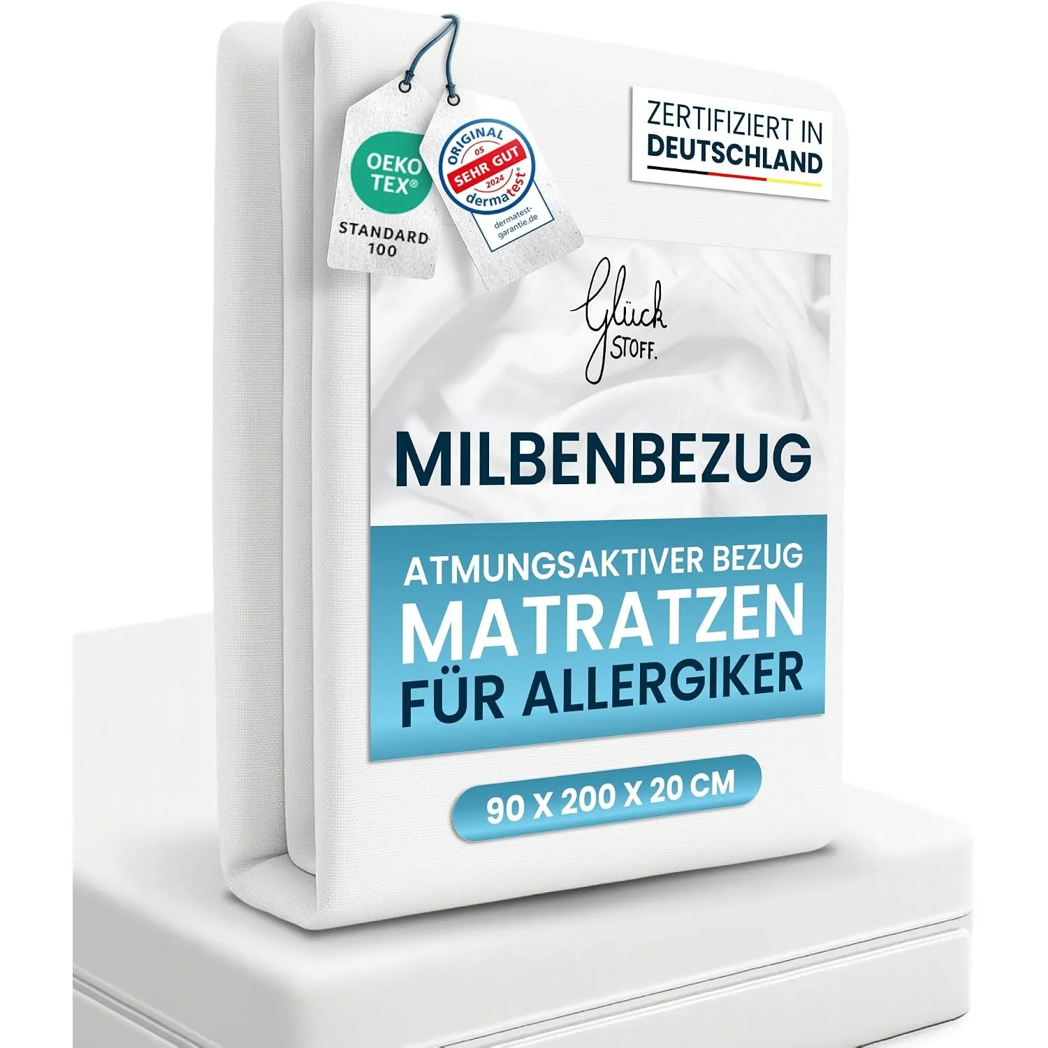 Glückstoff® Premium Milbenbezug Matratze 90x200x20 [Zertifiziert IN Deutschland] Allergiker Bettwäsche Set Anti Milbe -…