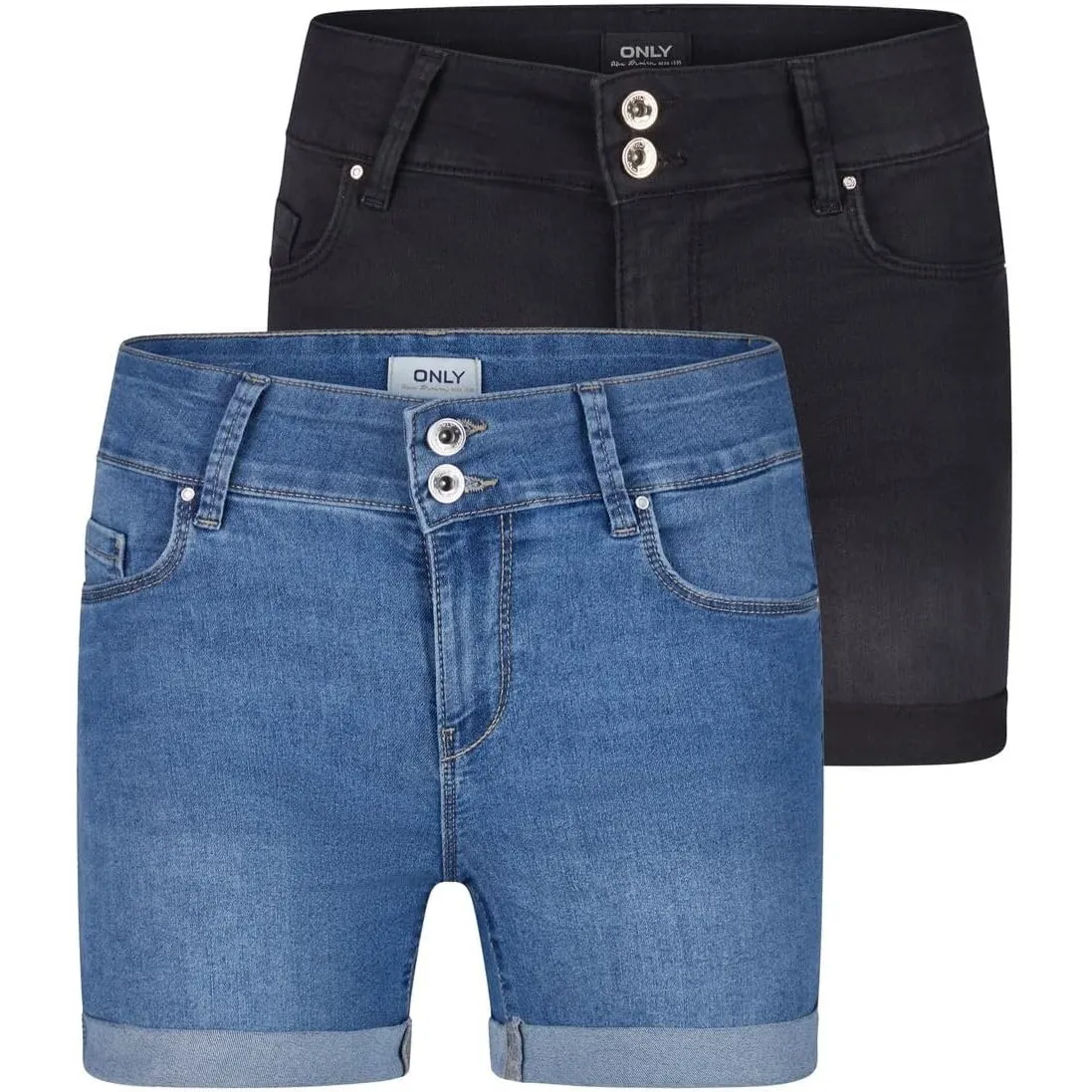 ONLY Jeans Shorts Damen Stretch Kurz Skinny Fit Mid Waist ONLCARMEN 2er Pack Kurze Hose Sommer Basic Denim Blau Schwarz…
