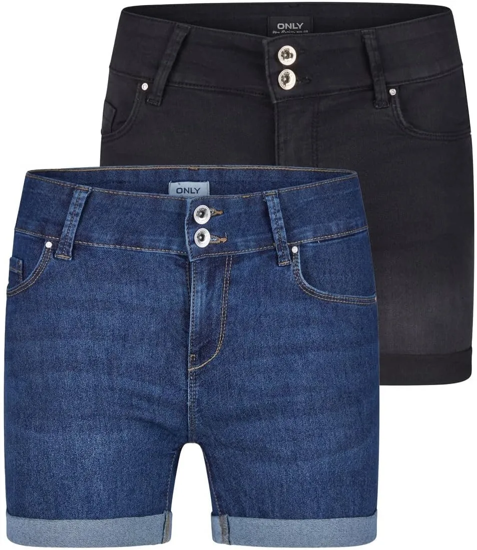 ONLY Jeans Shorts Damen Stretch Kurz Skinny Fit Mid Waist ONLCARMEN 2er Pack Kurze Hose Sommer Basic Denim Blau Schwarz…