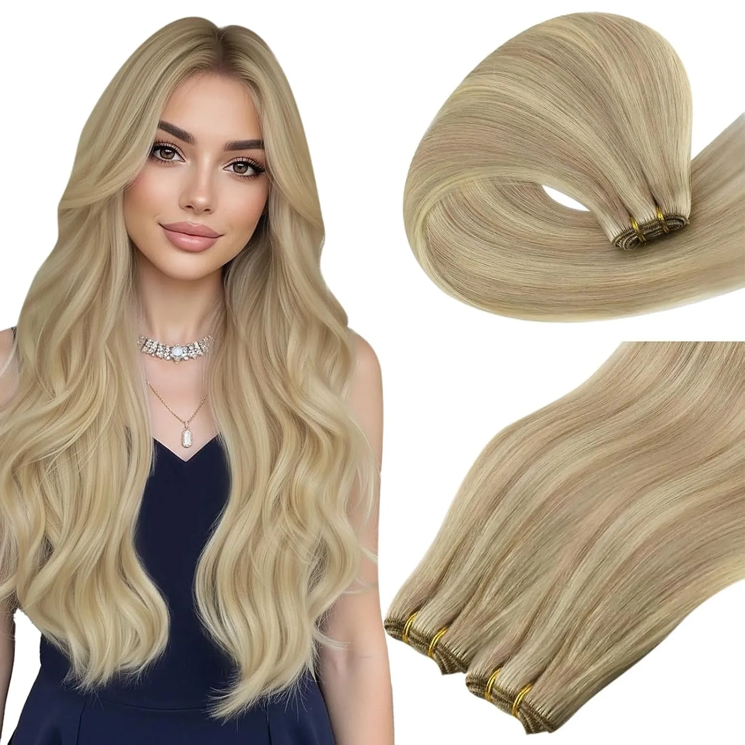 Easyouth 60cm Extensions Echthaar Tressen Zum Einnähen Blond Tressen Echthaar Extension Mittelblond Highlight Golden Bl…